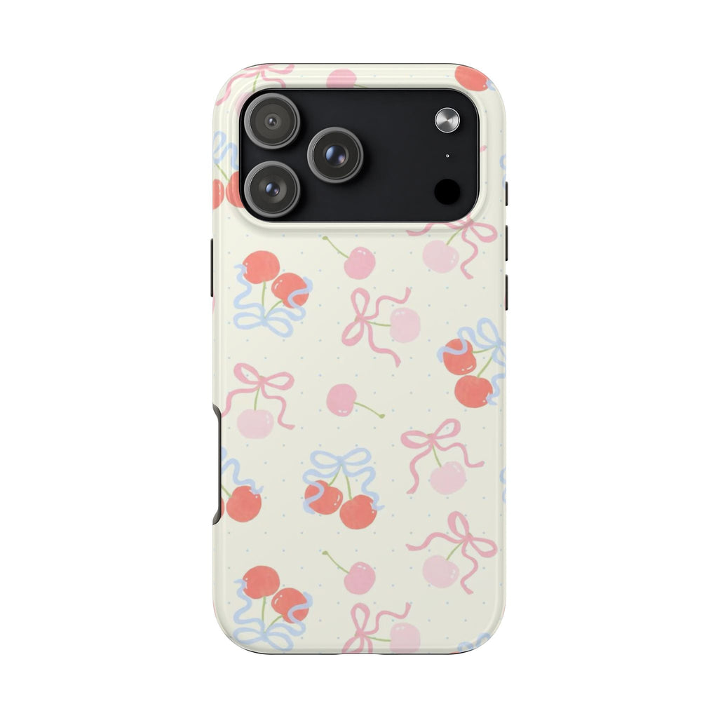 Phone case with off-white cherry pattern, pink and blue cherries and bows; camera cutouts