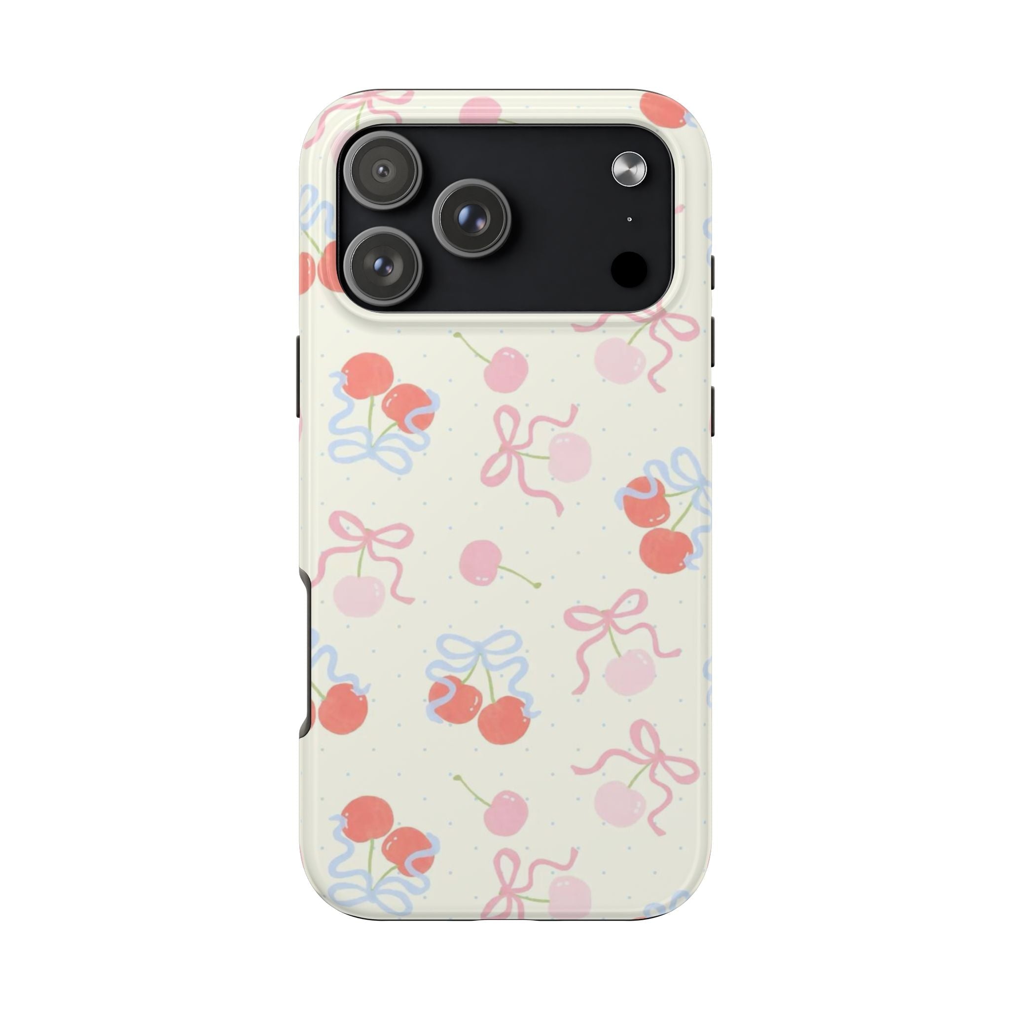 Phone case with off-white cherry pattern, pink and blue cherries and bows; camera cutouts