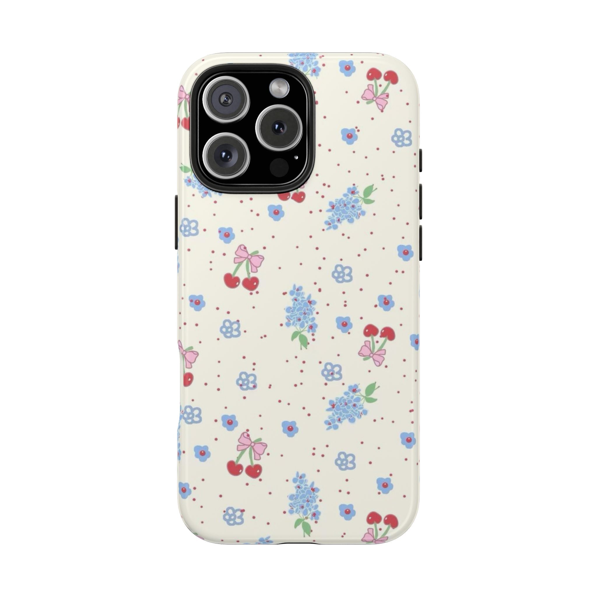 Floral phone case, cream with small blue blossoms and red hearts, raised camera cutout