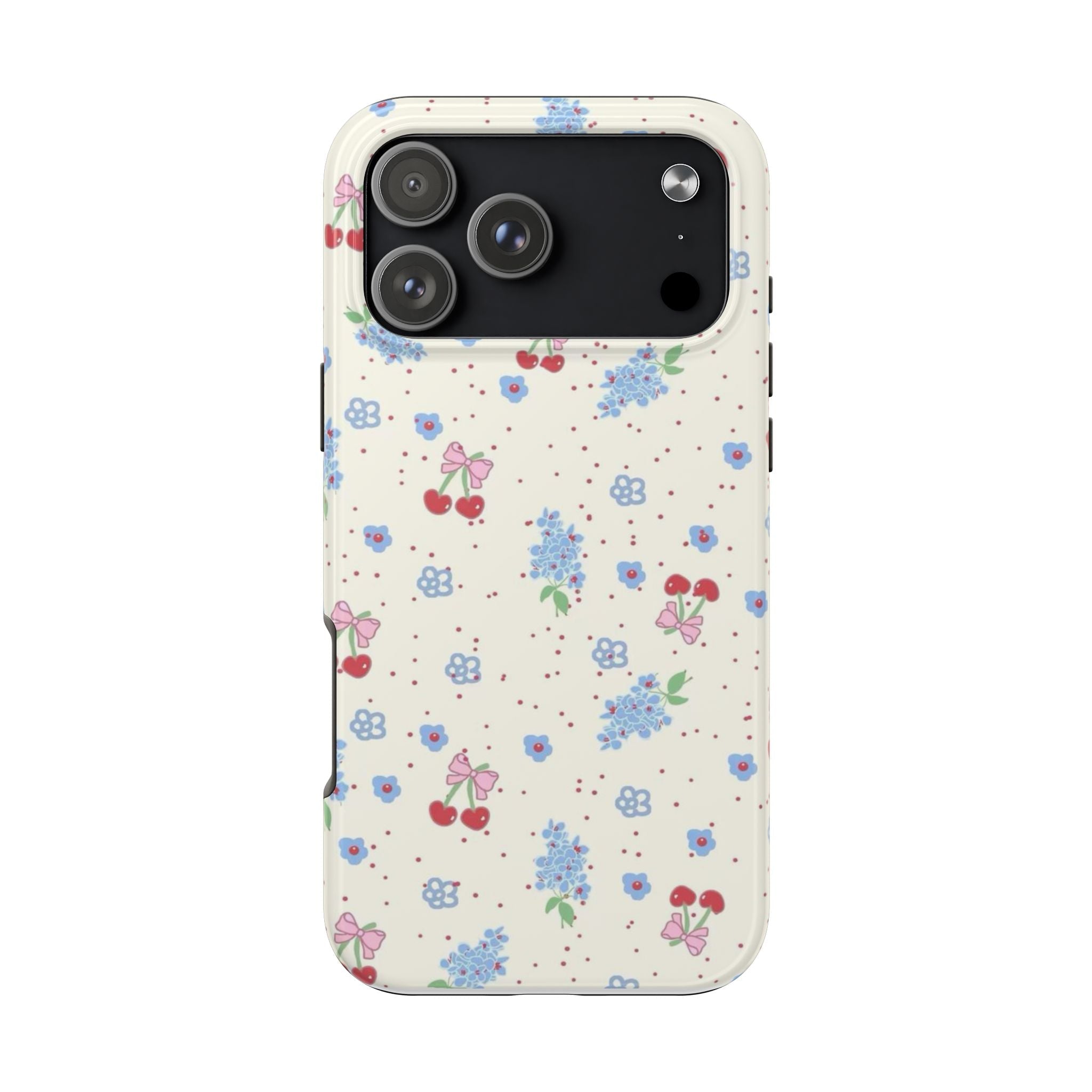 Floral phone case back, cream with scattered blue flowers, pink butterflies, and red hearts
