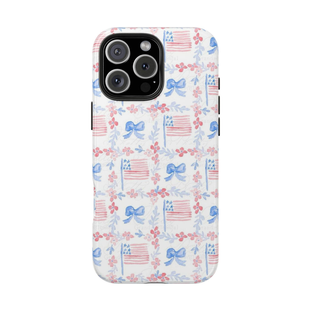 Patriotic floral phone case with blue bows and red-white stripes pattern