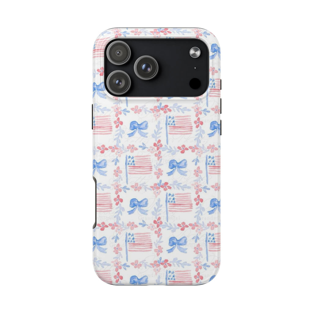 Back view patriotic floral phone case with blue bows, pink blossoms, and red-white stripes