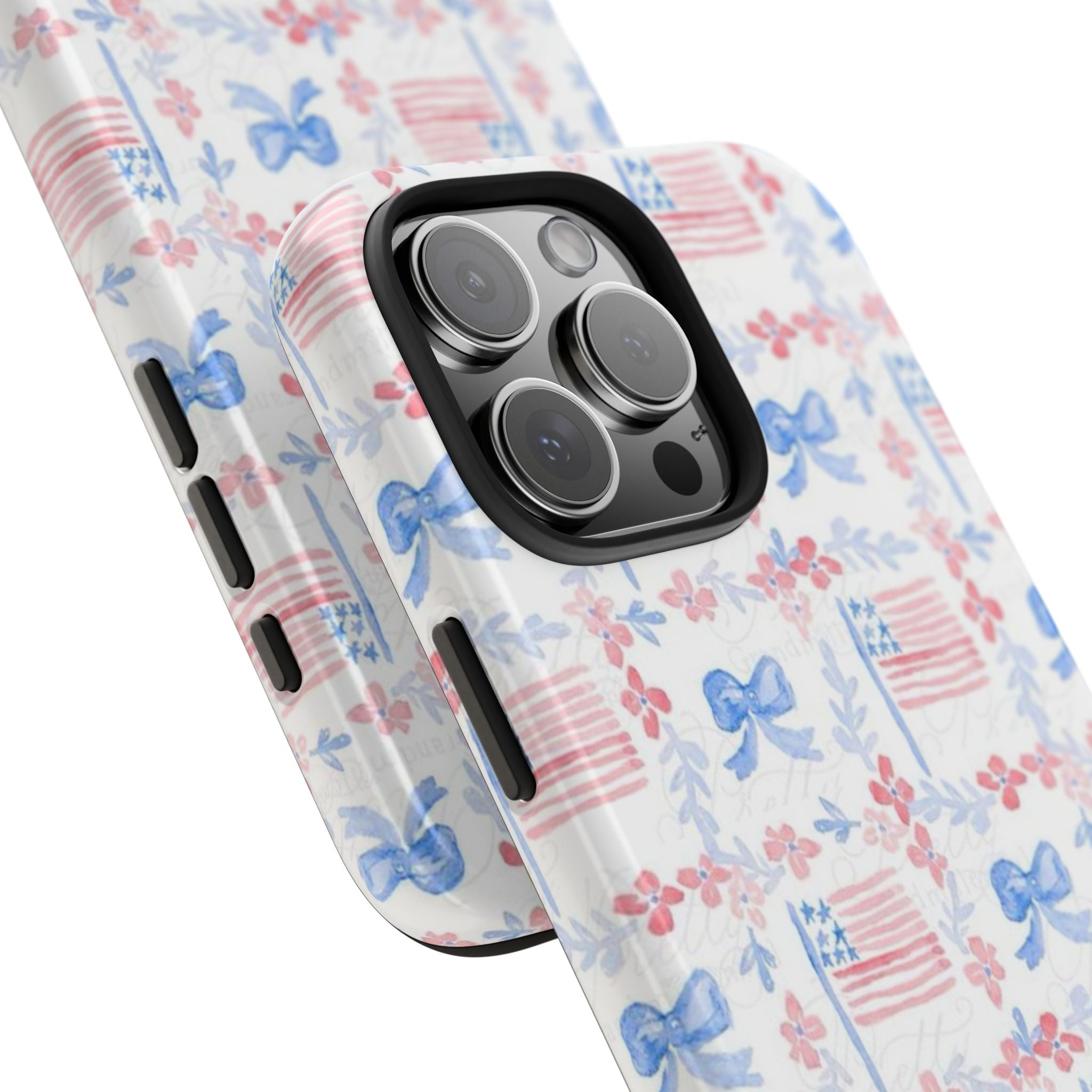 Patriotic floral phone case, camera cutout and side buttons visible; blue bows pattern