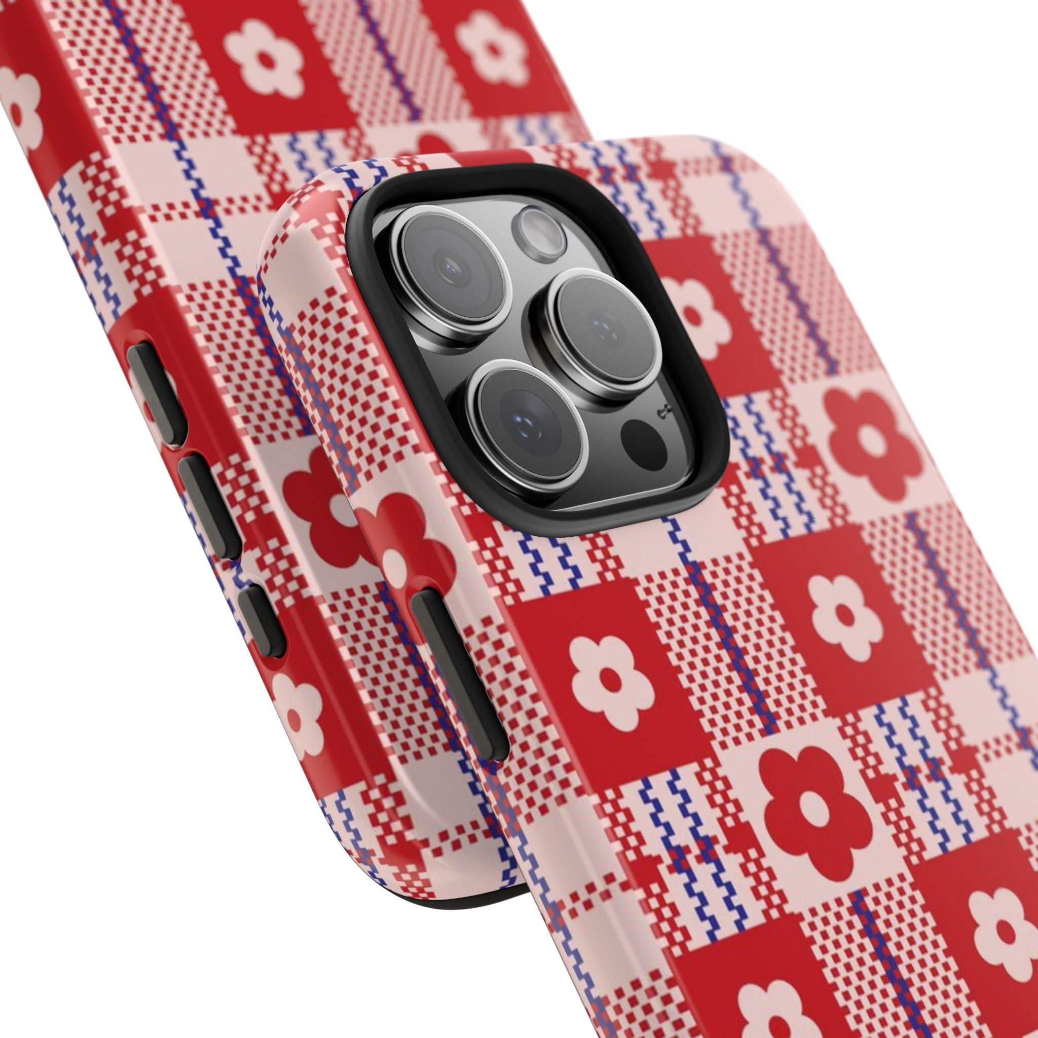 Phone case side view with patchwork daisy plaid pattern and camera protection cutout