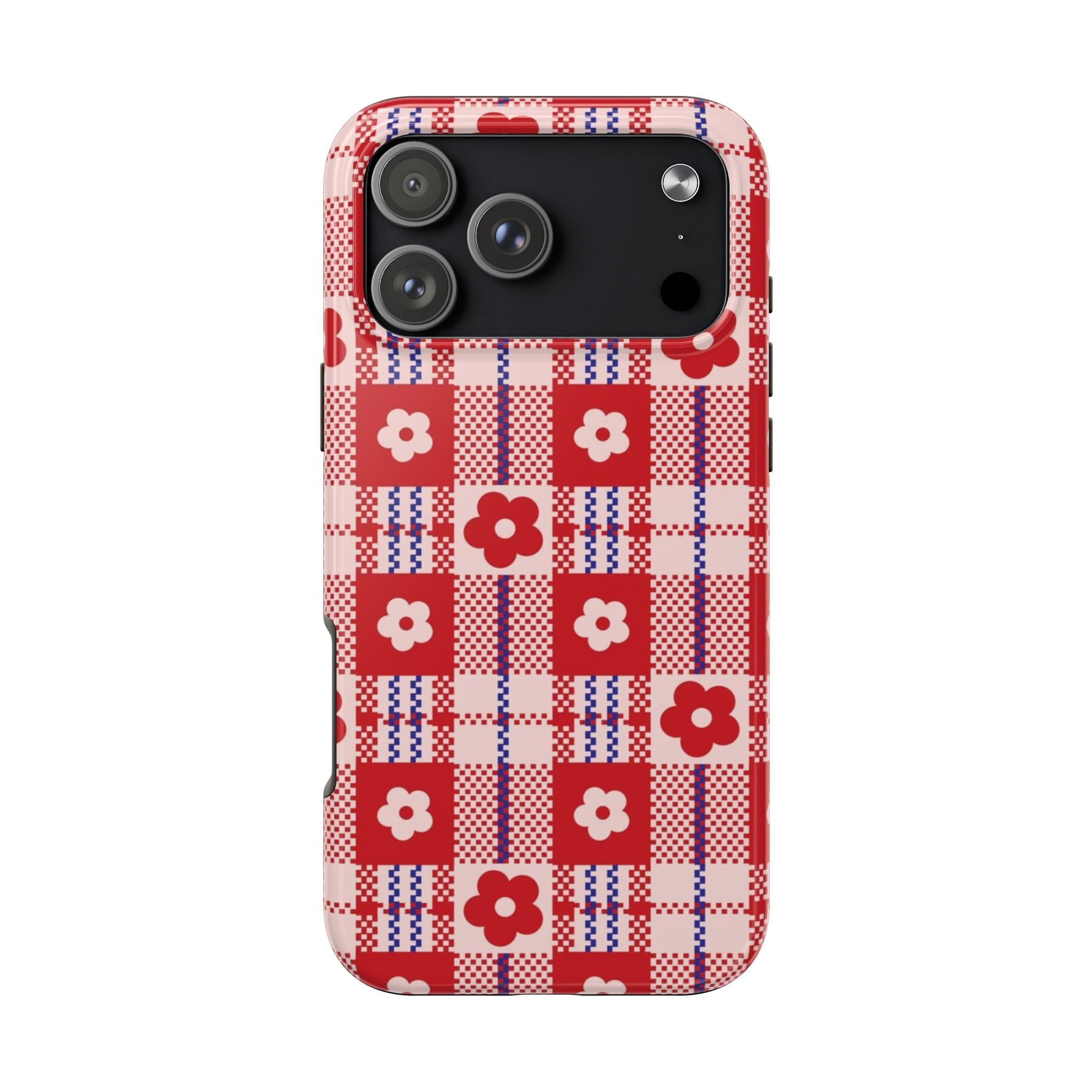 Americana summer daisies phone case with red, blue, and cream patchwork plaid flowers