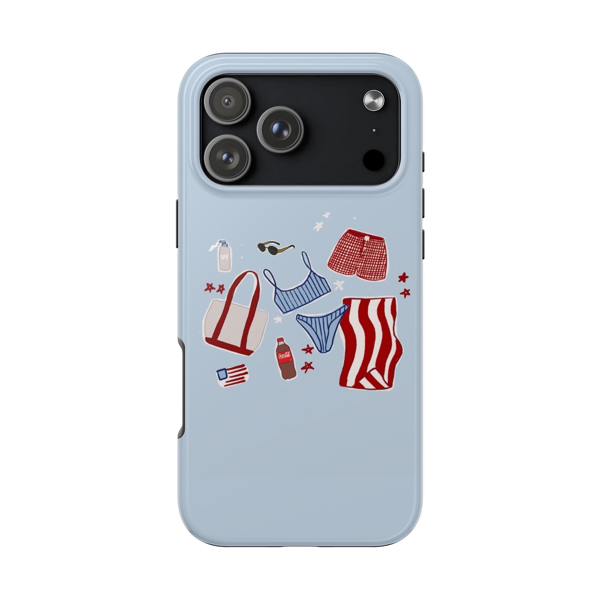 Light blue phone case with Americana shorts, top, bottle, and stars design