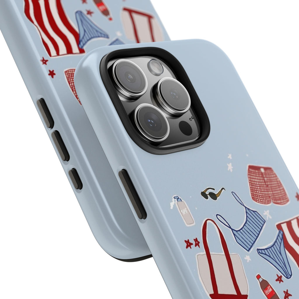 Light blue iPhone case angled view; black camera cutout with Americana clothing pattern