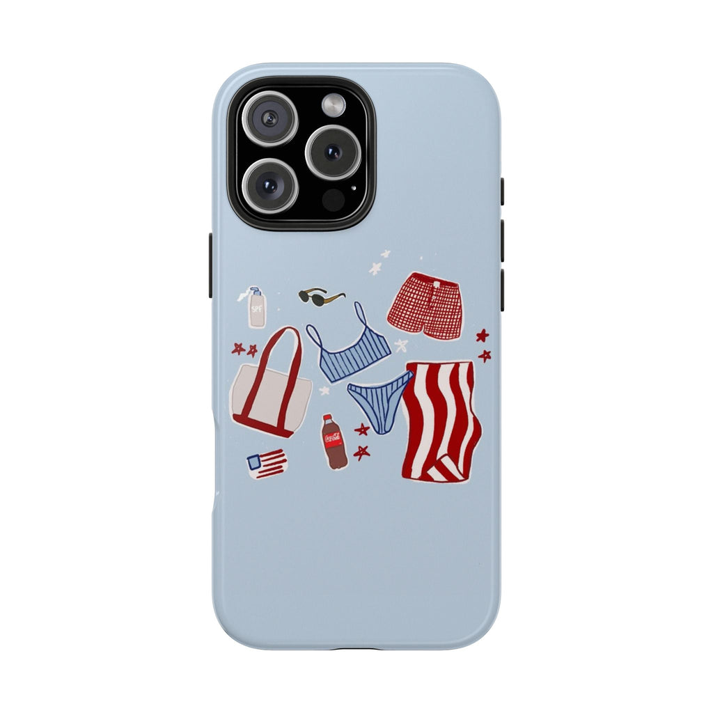 Light blue phone case front view with Americana clothing graphics and star accents