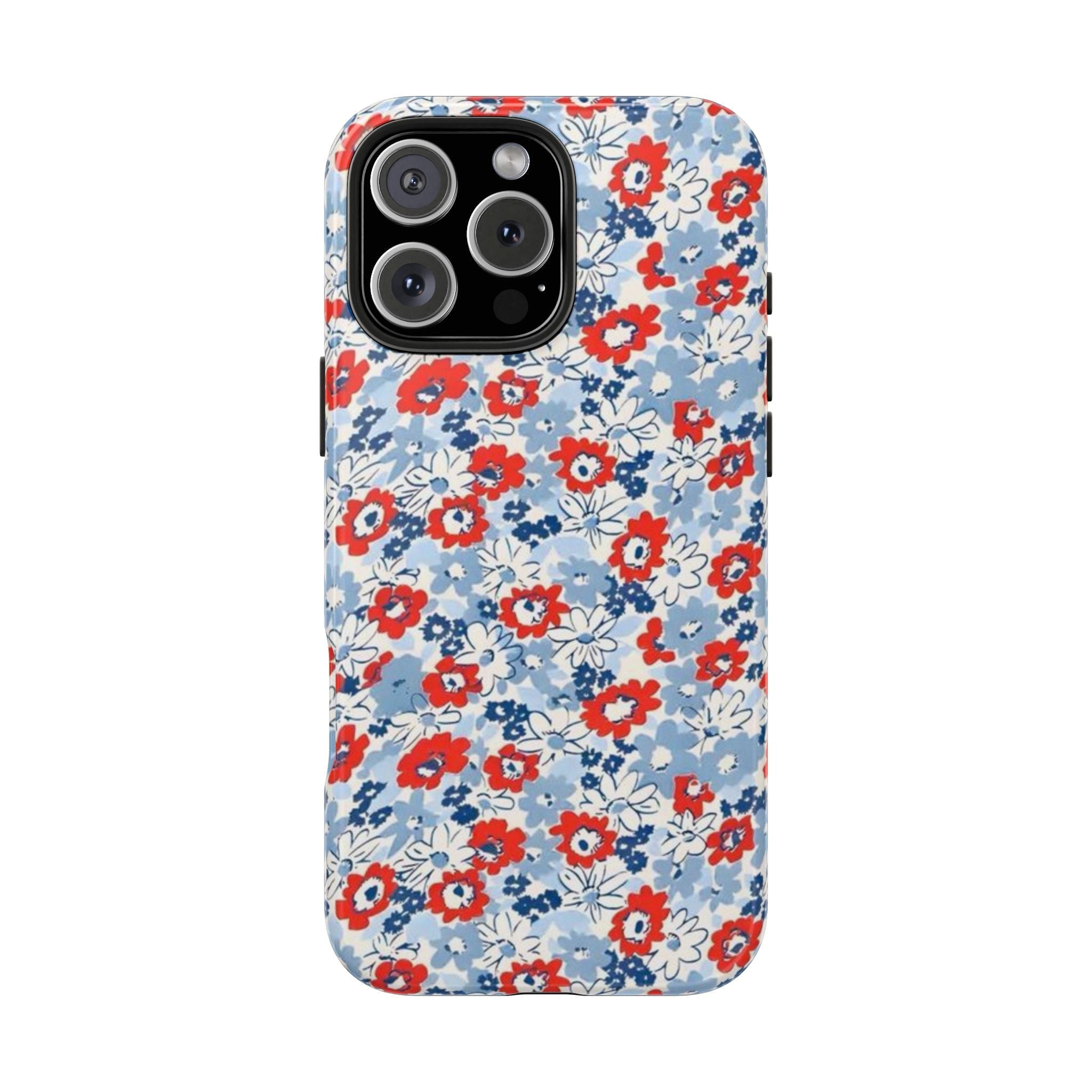Blue floral phone case with red blooms and white details; camera cutouts visible