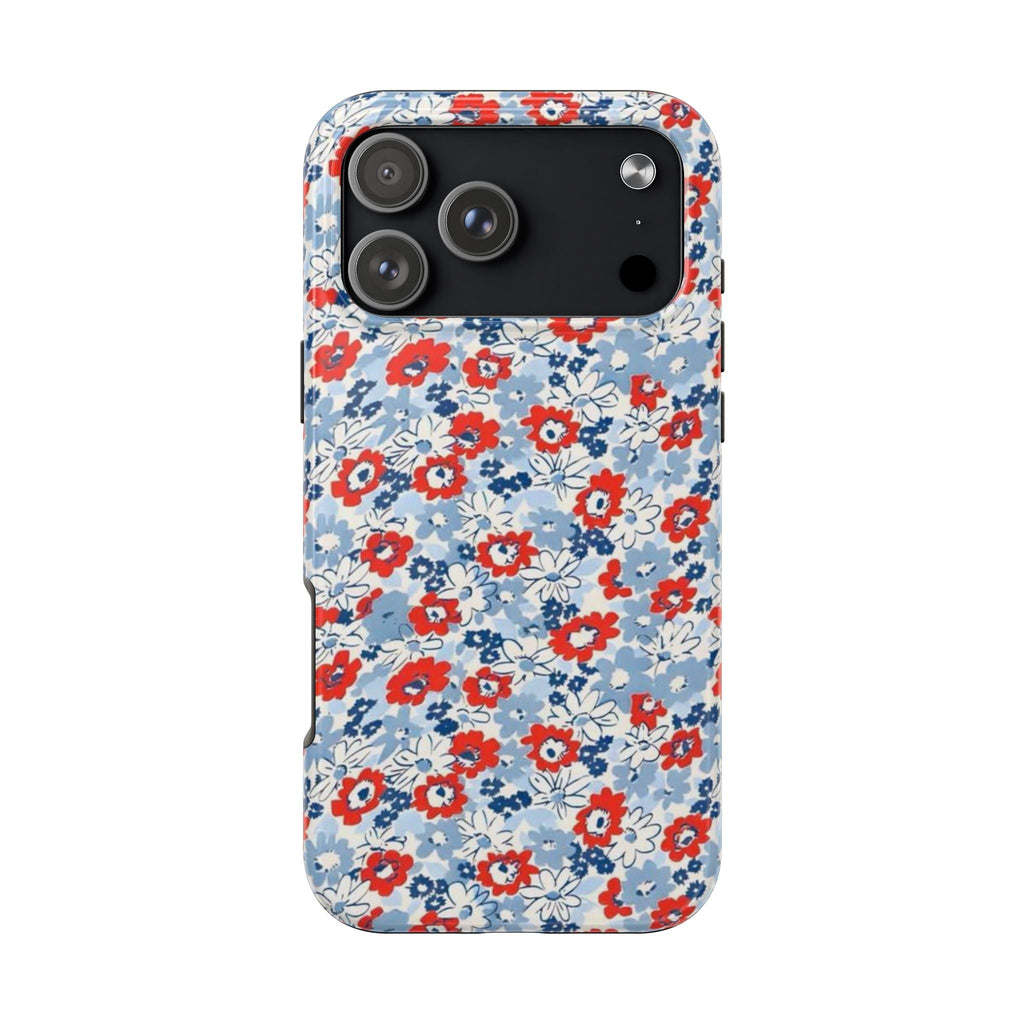 Light blue floral phone case with red and white flowers; camera cutouts