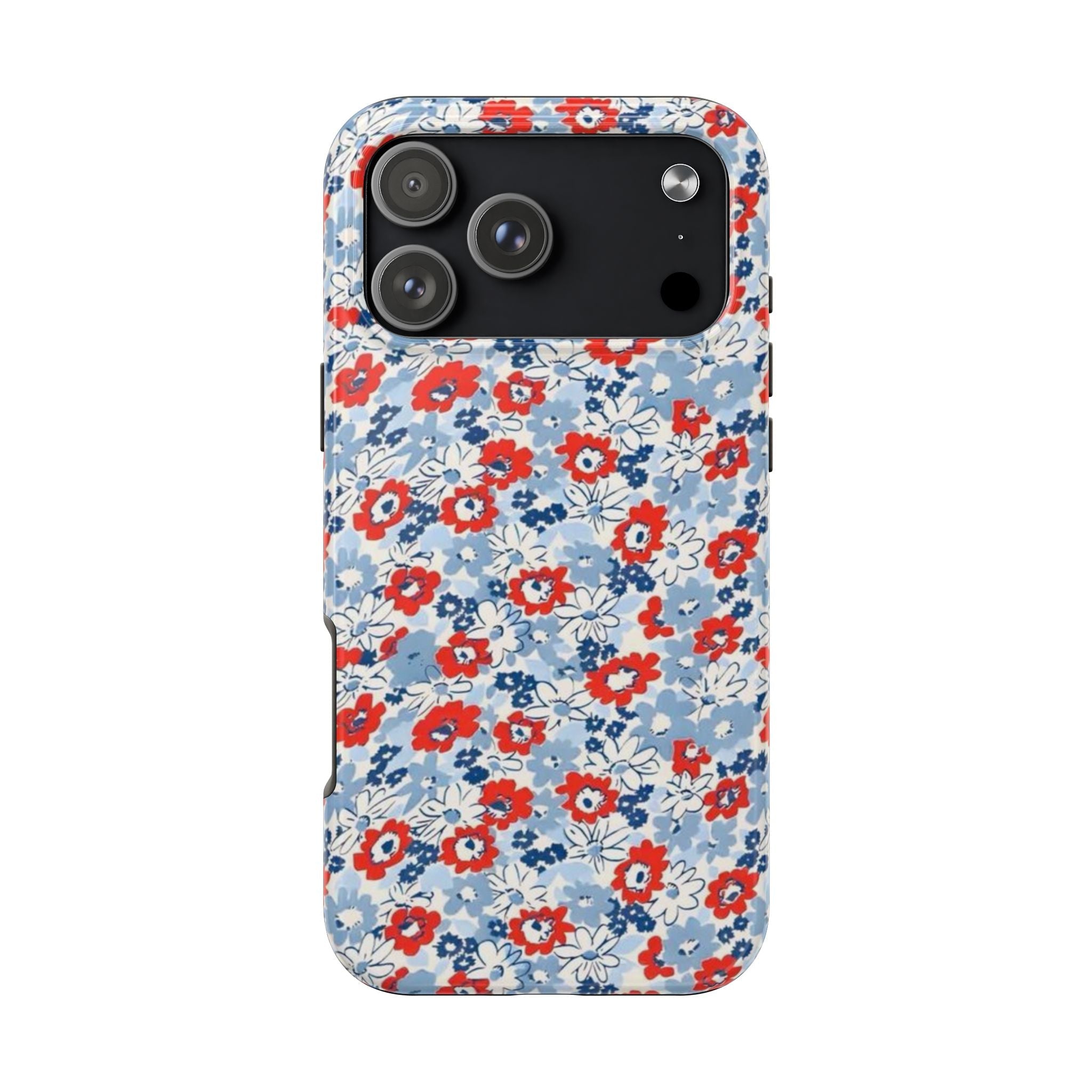 Light blue floral phone case with red and white flowers; camera cutouts