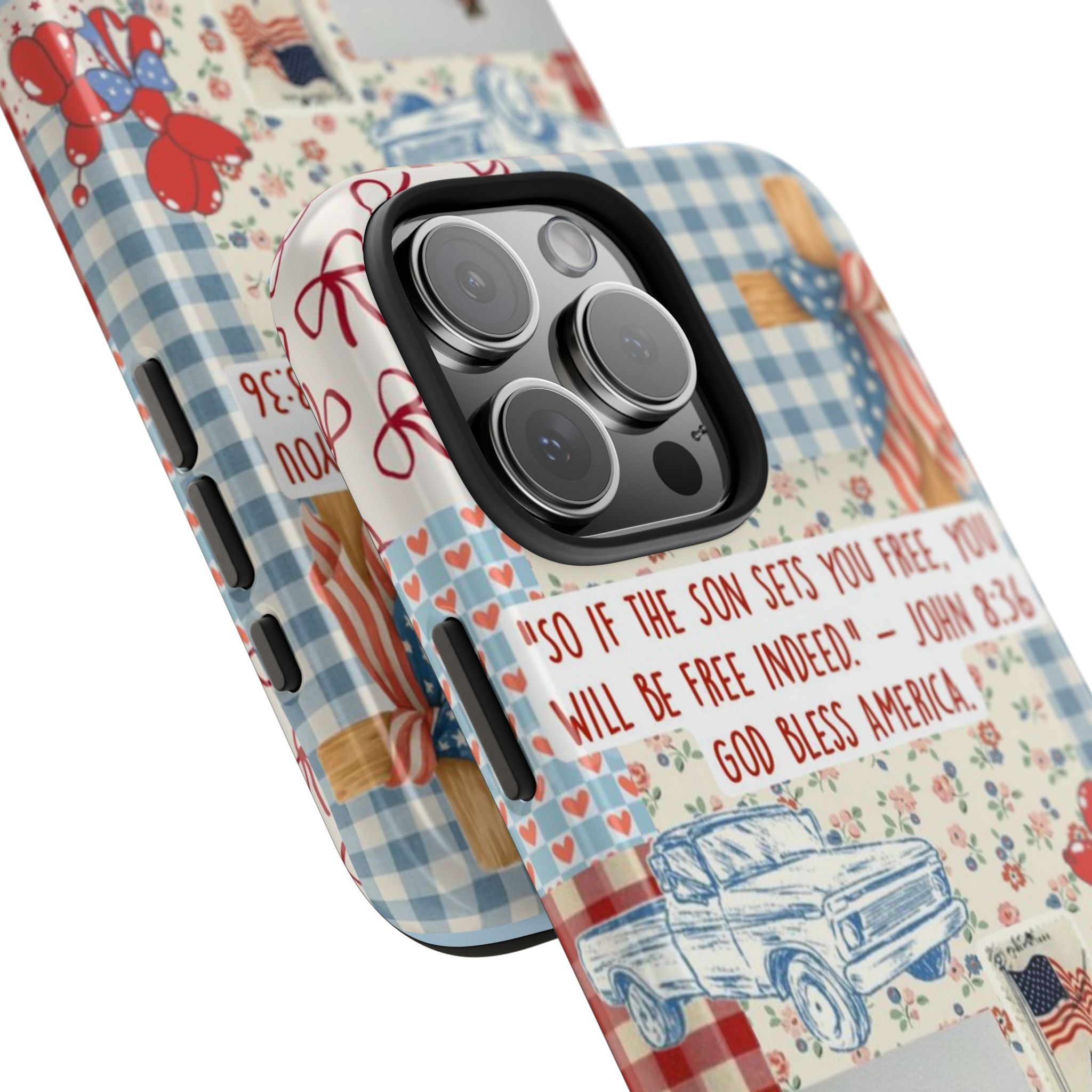Angled Americana phone case, plaid print and camera lenses with raised protective edges