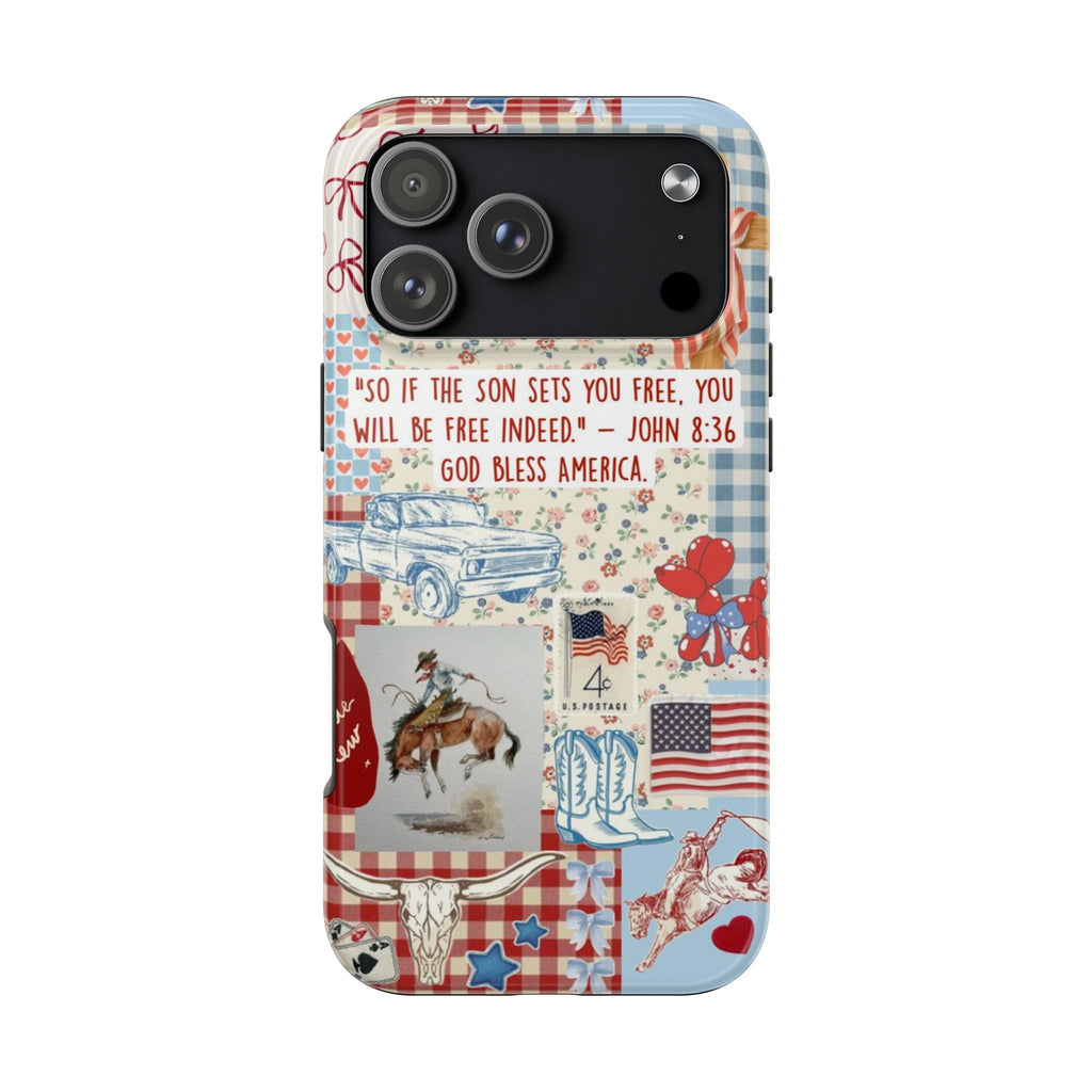 Americana phone case back with “God bless America” text, stars, boots, and cow graphic