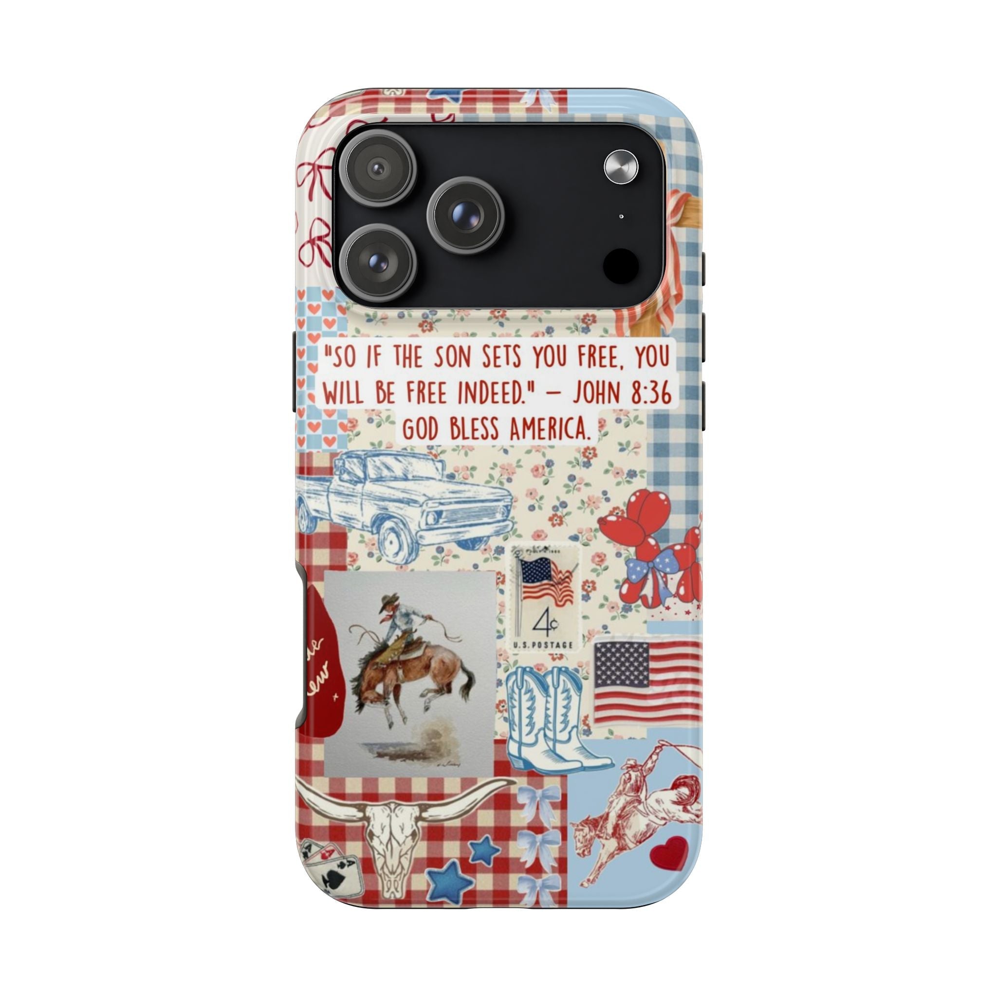 Americana phone case back with “God bless America” text, stars, boots, and cow graphic