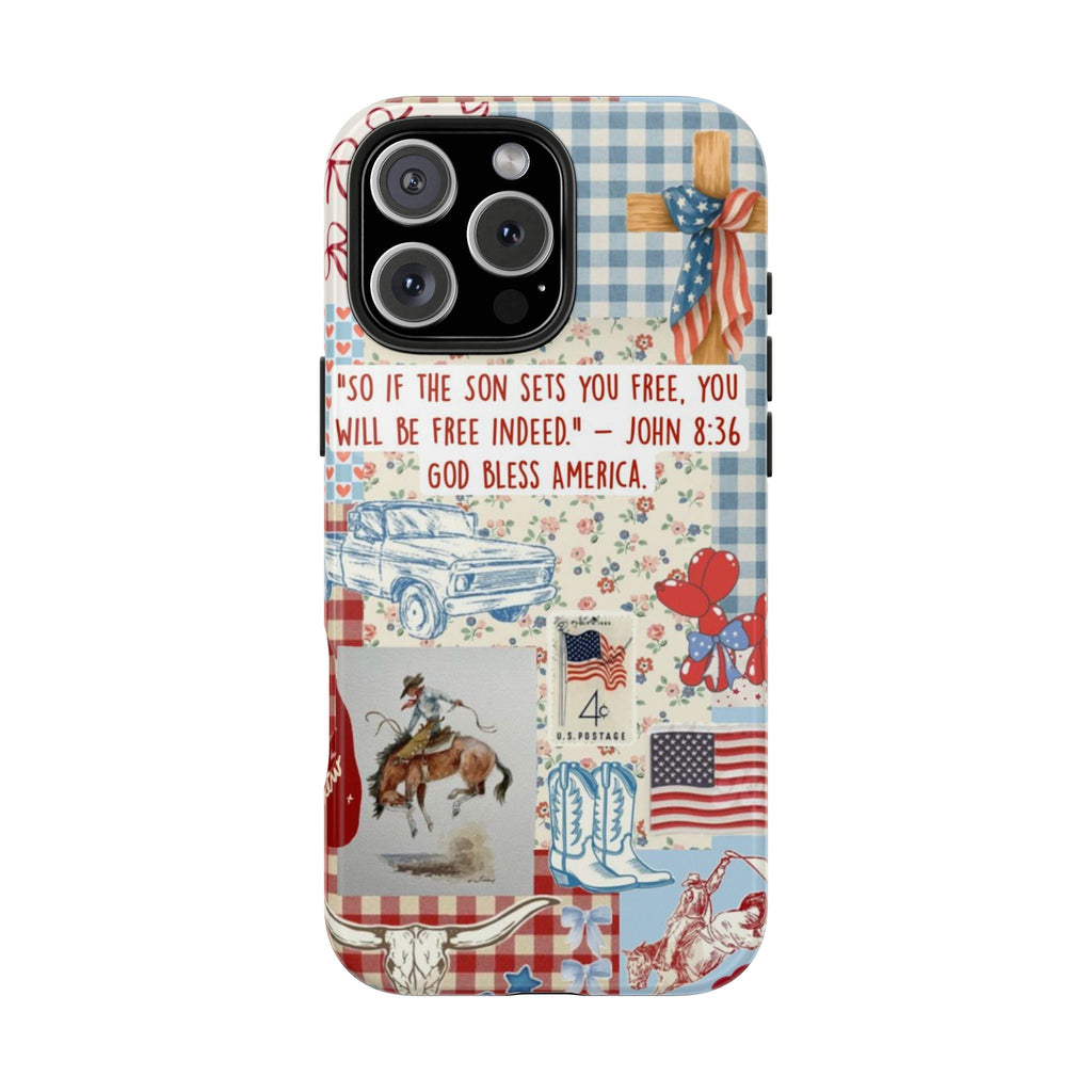 Patriotic phone case with plaid hearts and quote “John 8:36” around camera cutouts