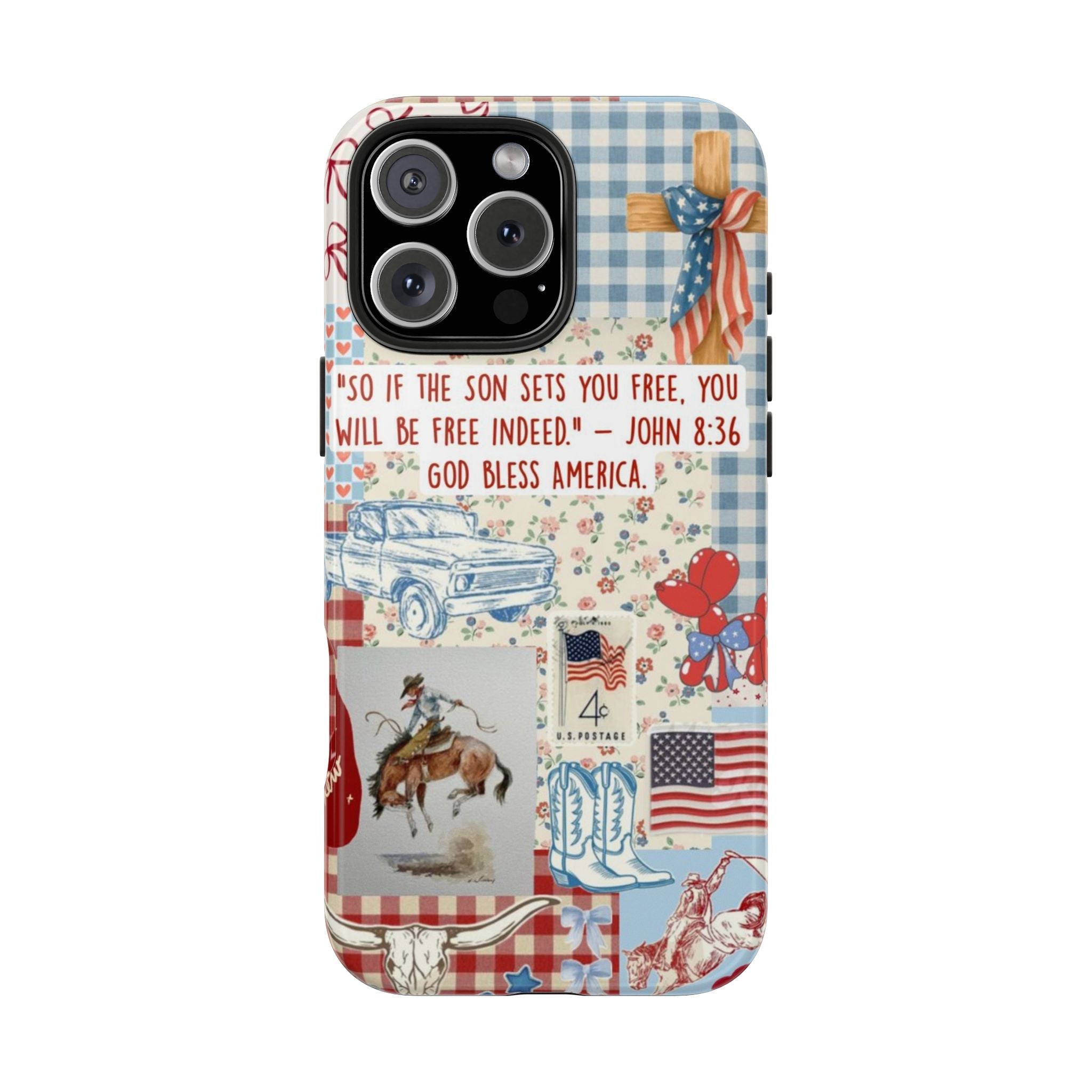Patriotic phone case with plaid hearts and quote “John 8:36” around camera cutouts