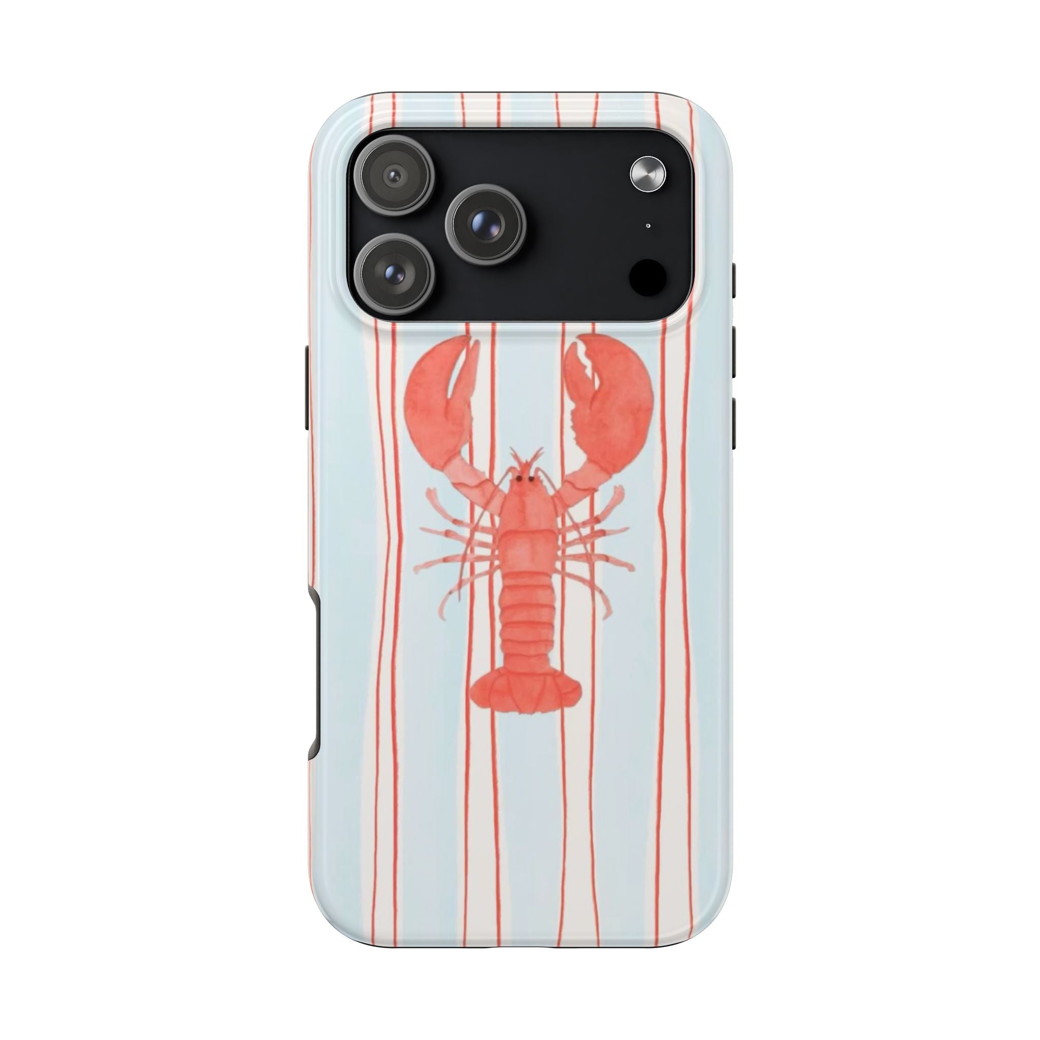 Front-facing light blue phone case with red lobster graphic over thin vertical stripes