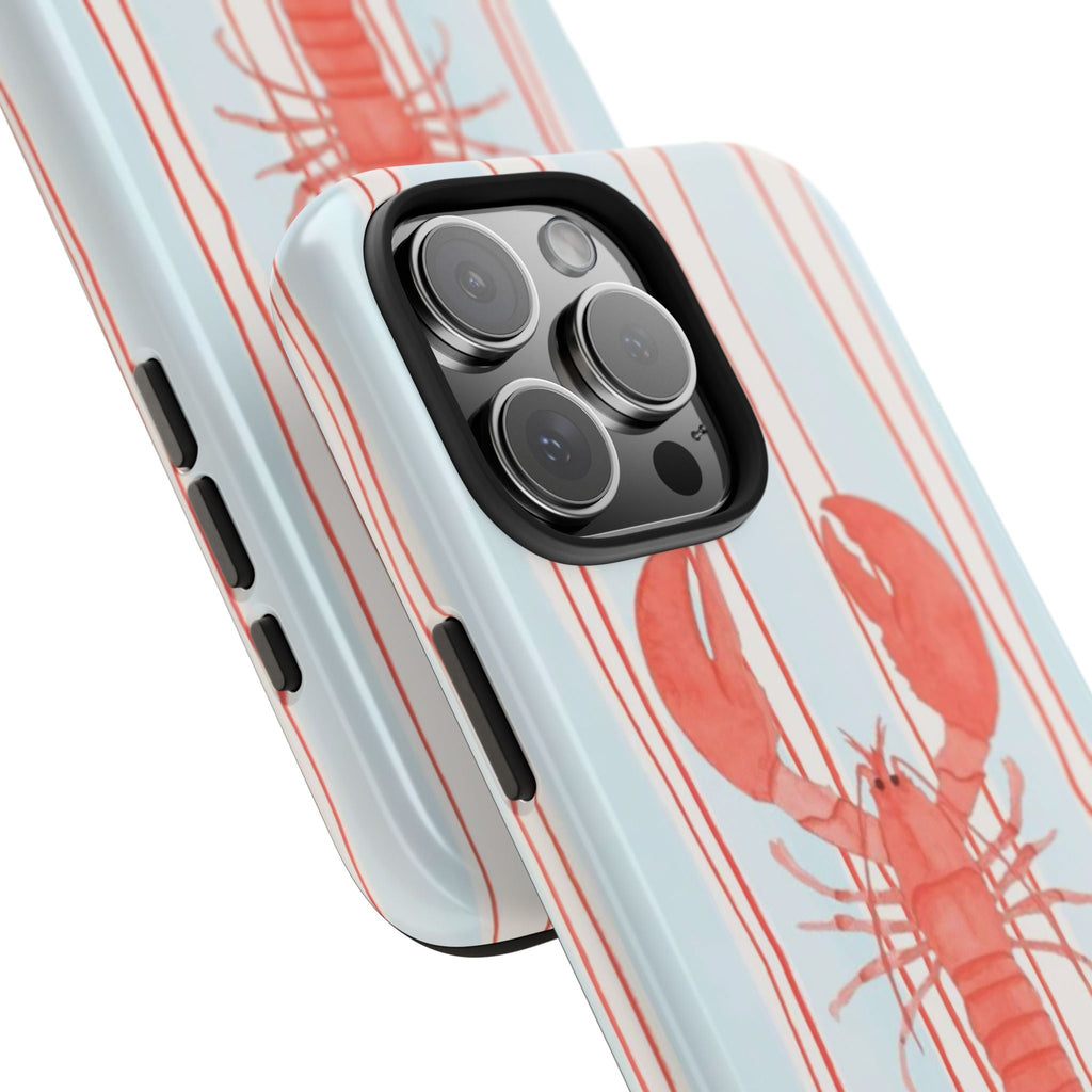 Slanted view of light blue case with red lobster illustration and thin vertical stripes
