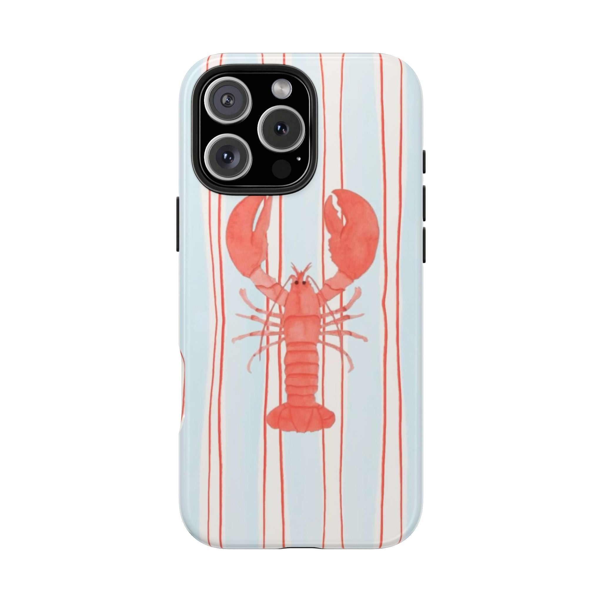 Light blue phone case with red lobster and vertical stripe pattern, cutouts for cameras