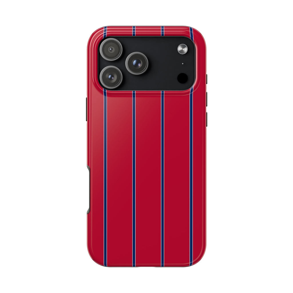 Red phone case with vertical blue striped design and cutouts for camera and buttons