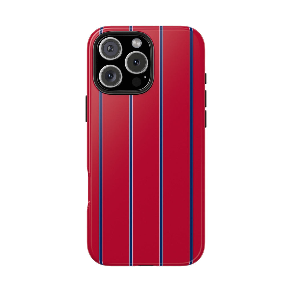 Red minimalist striped phone case with blue vertical lines and camera cutout window