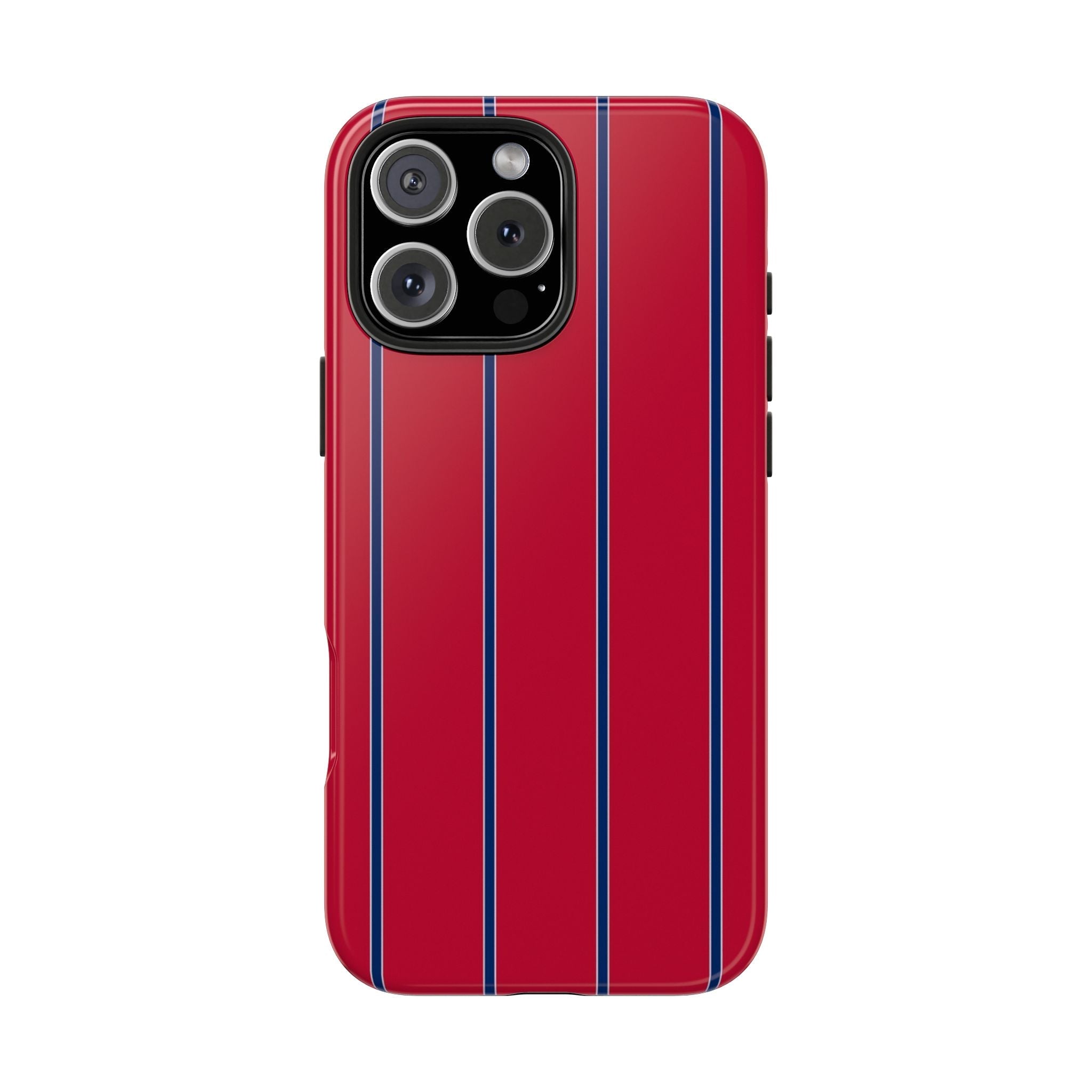 Red minimalist striped phone case with blue vertical lines and camera cutout window