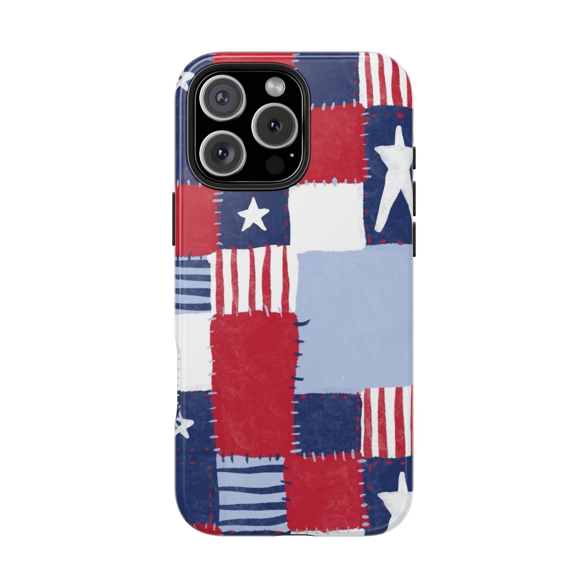 Phone case with patchwork American flag design: red, white, and blue blocks and stars