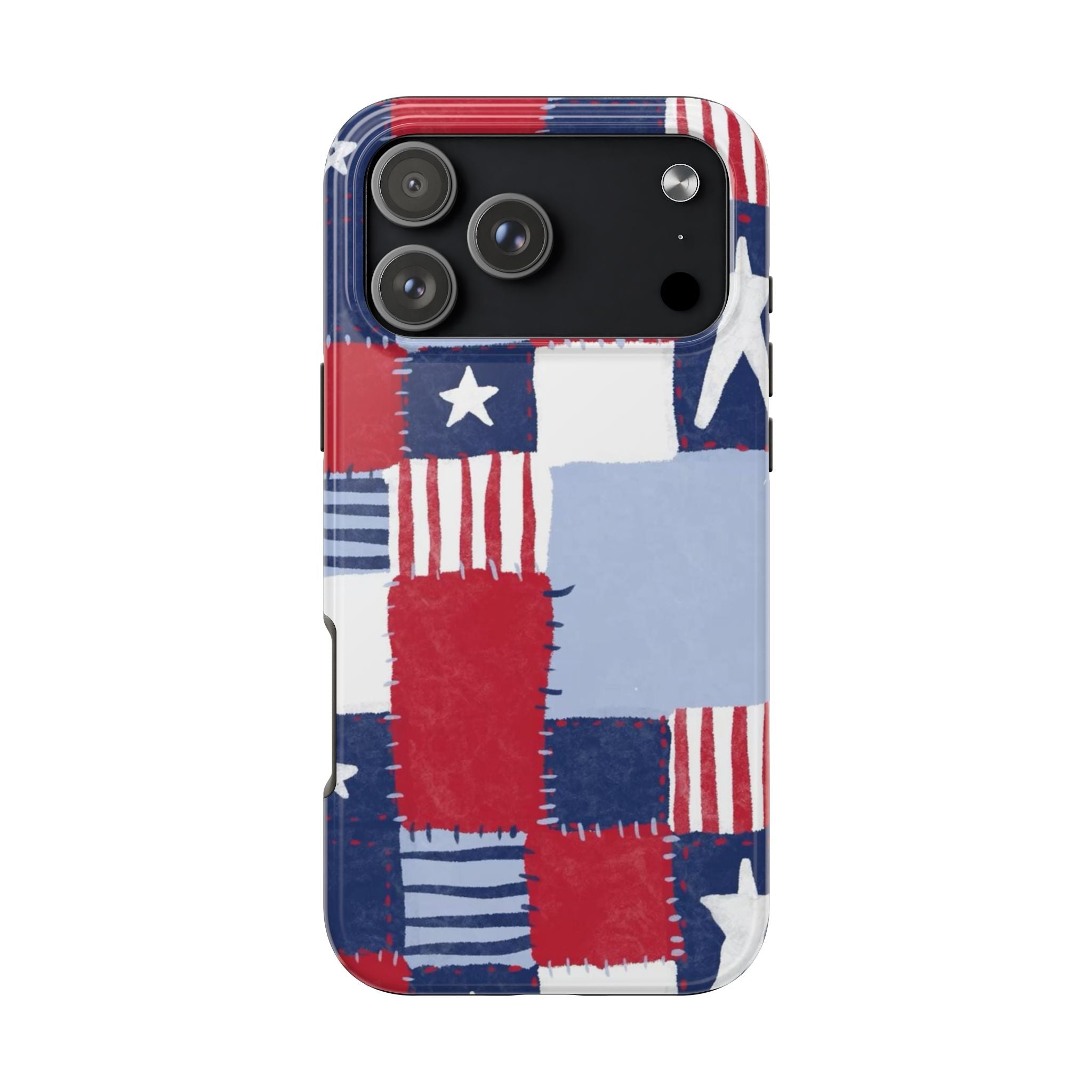 American flag quilt-pattern phone case with red, white, and blue patch blocks and stripes