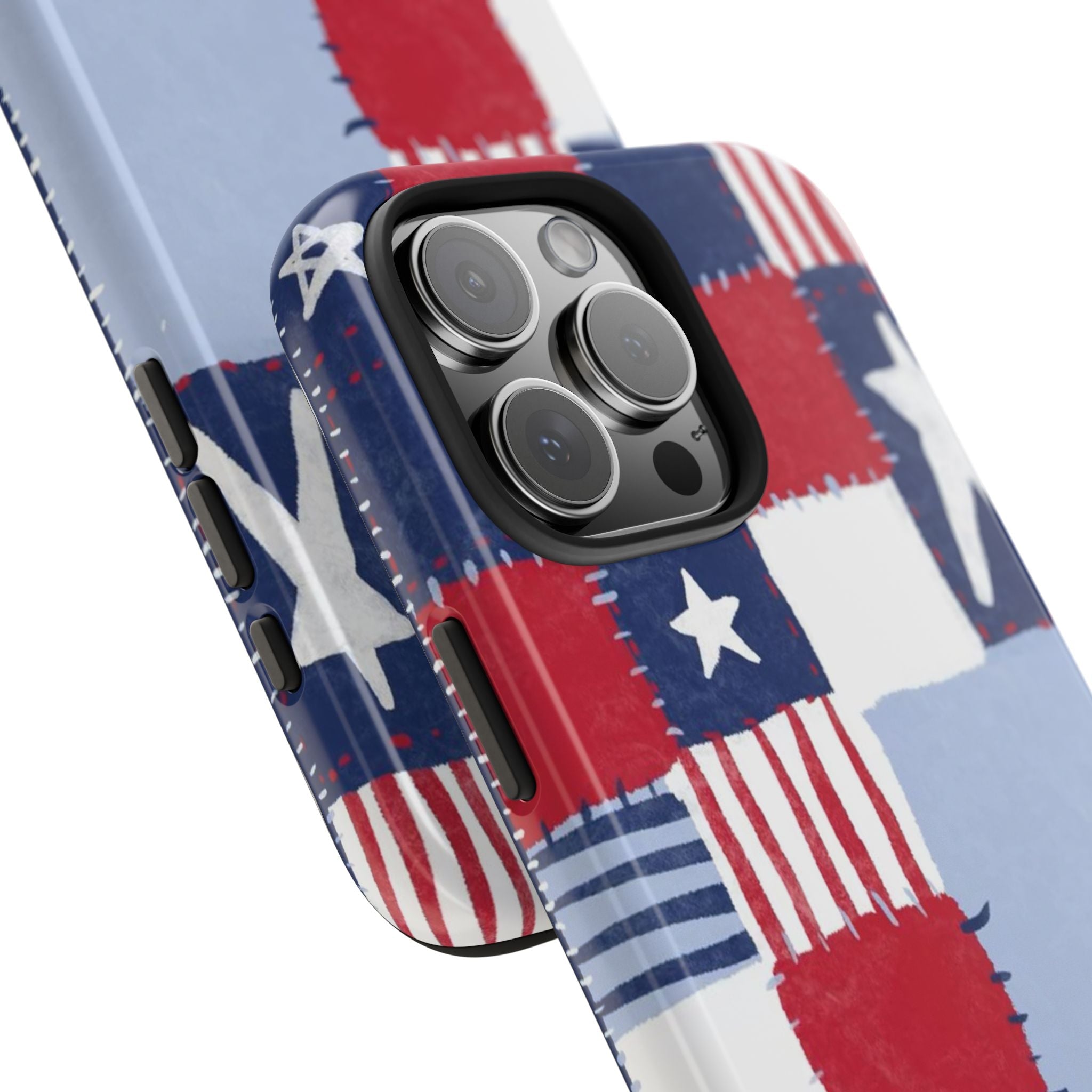 American flag patchwork phone case, side view with camera cutout and stitched pattern