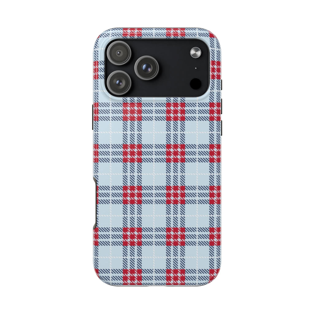 AMERICANA summer plaid phone case in light blue and red, with camera cutouts