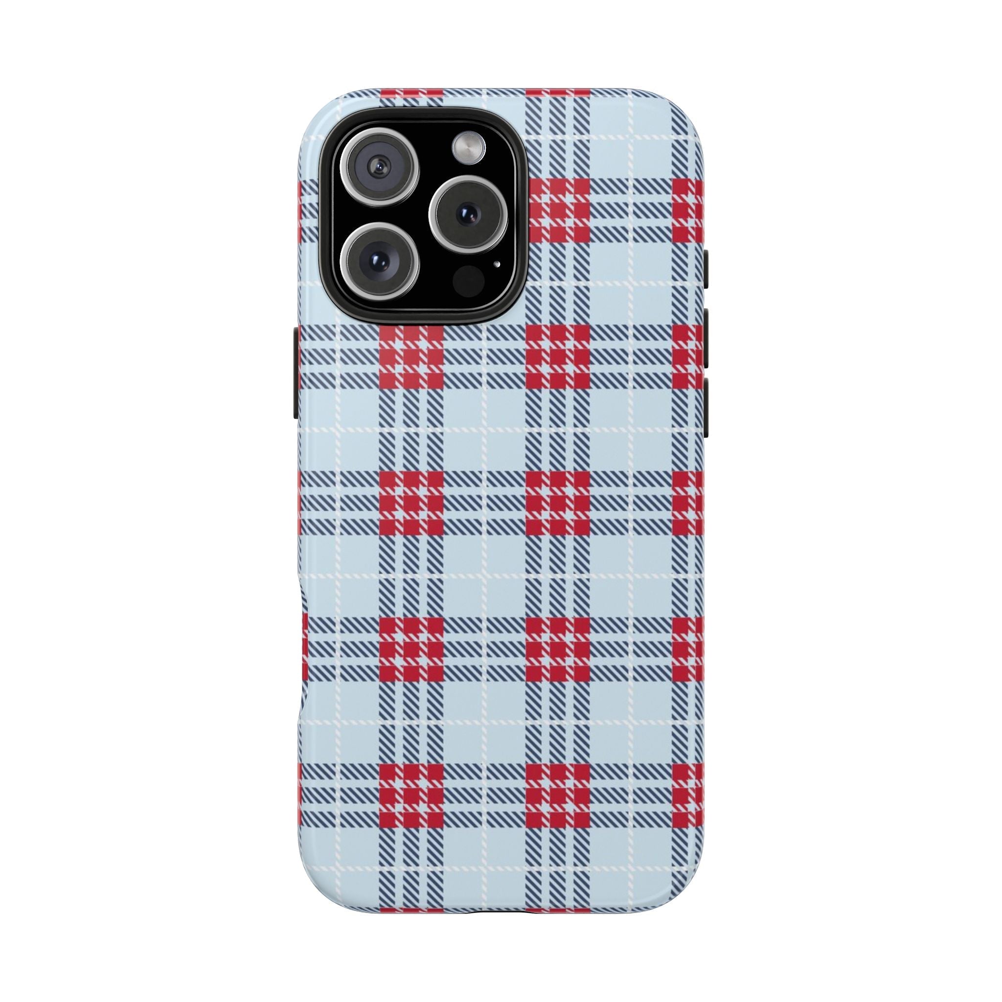 Light blue and red plaid phone case with raised camera ring cutouts