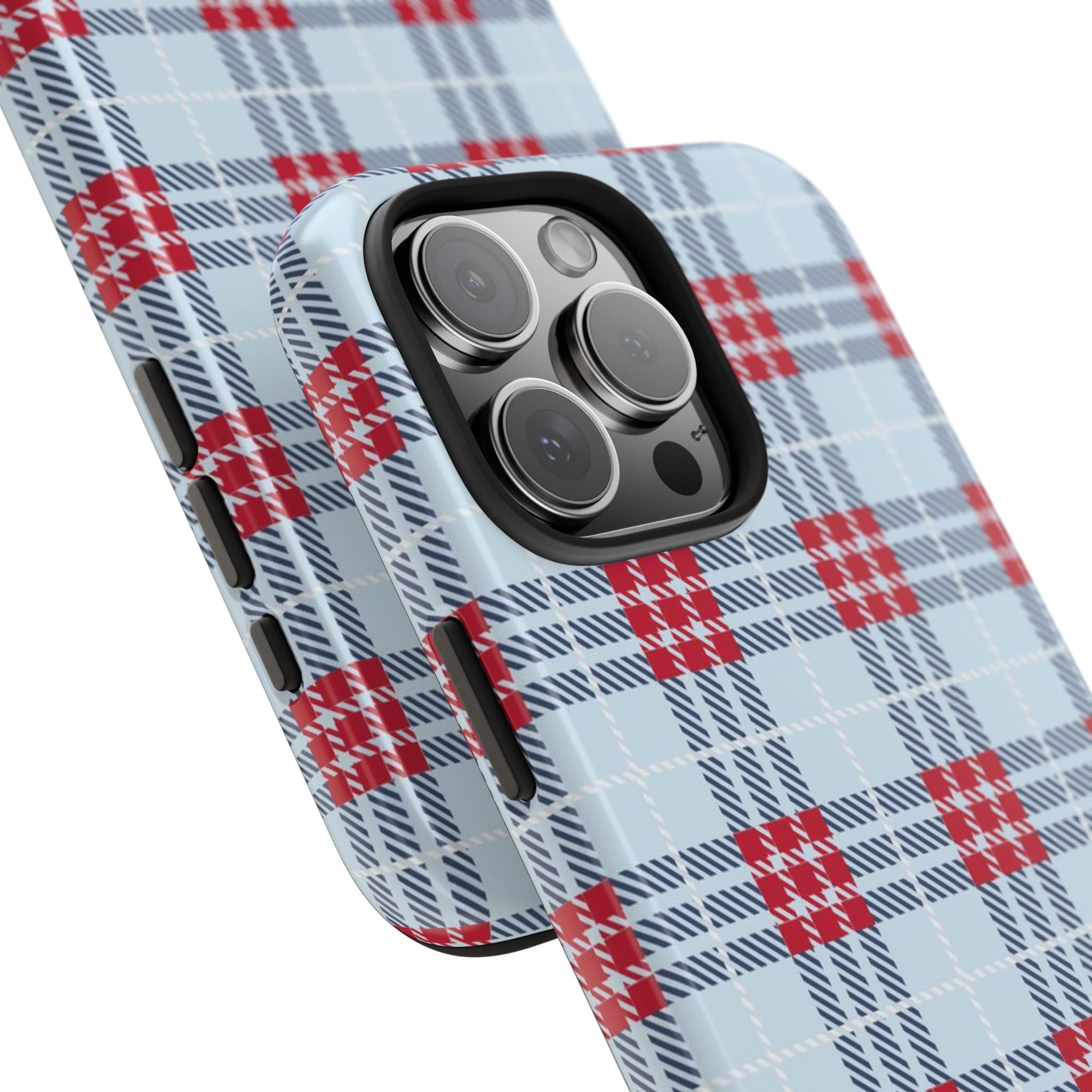 Plaid phone case close-up with raised camera lenses and side button cutouts