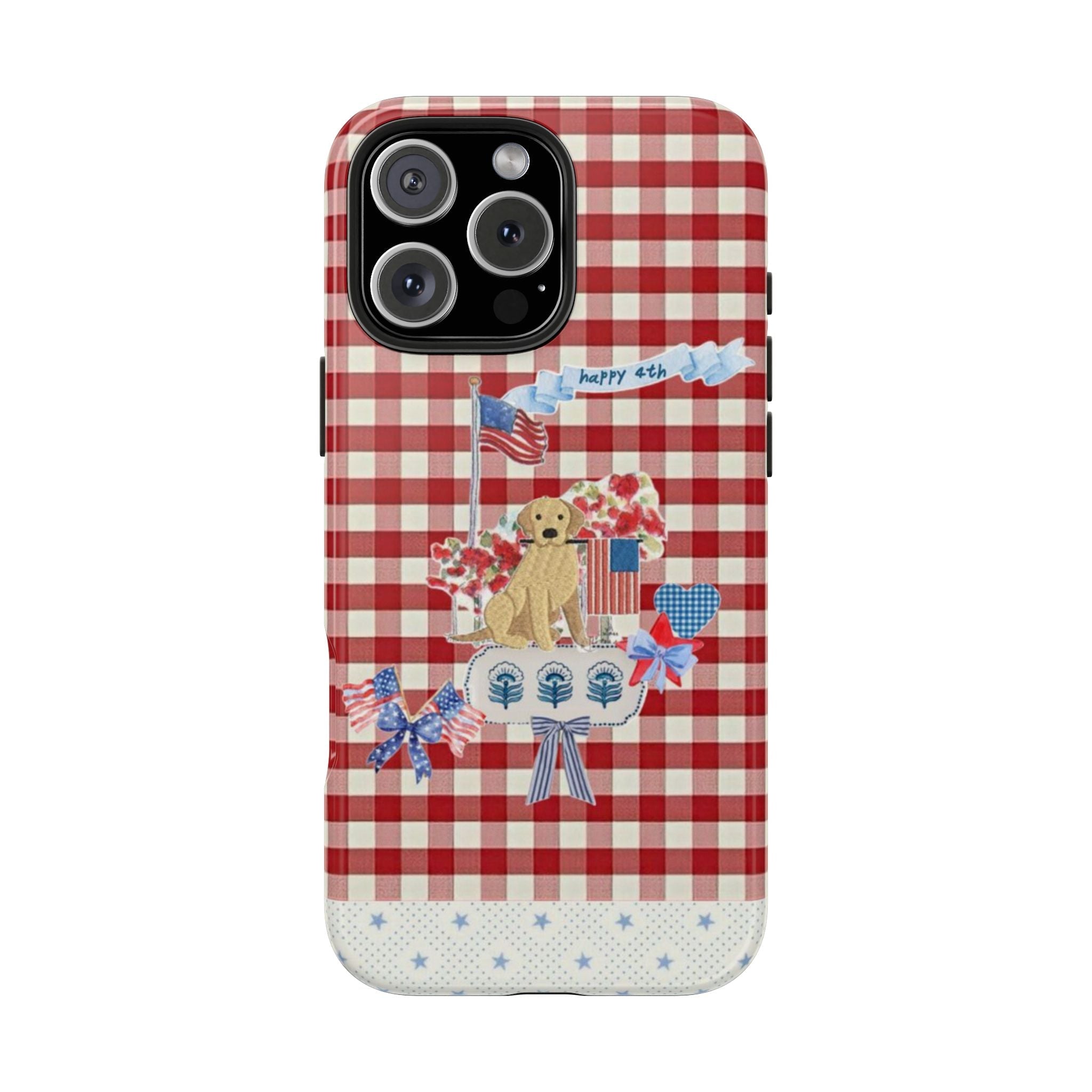 Red and white gingham phone case with “Happy 4th” banner, golden retriever and bows