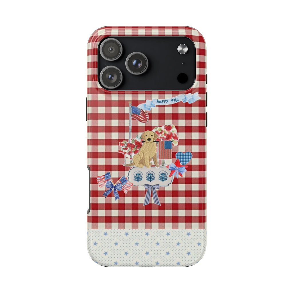 Red gingham phone case with golden retriever, small flags, and blue “Happy 4th” ribbon