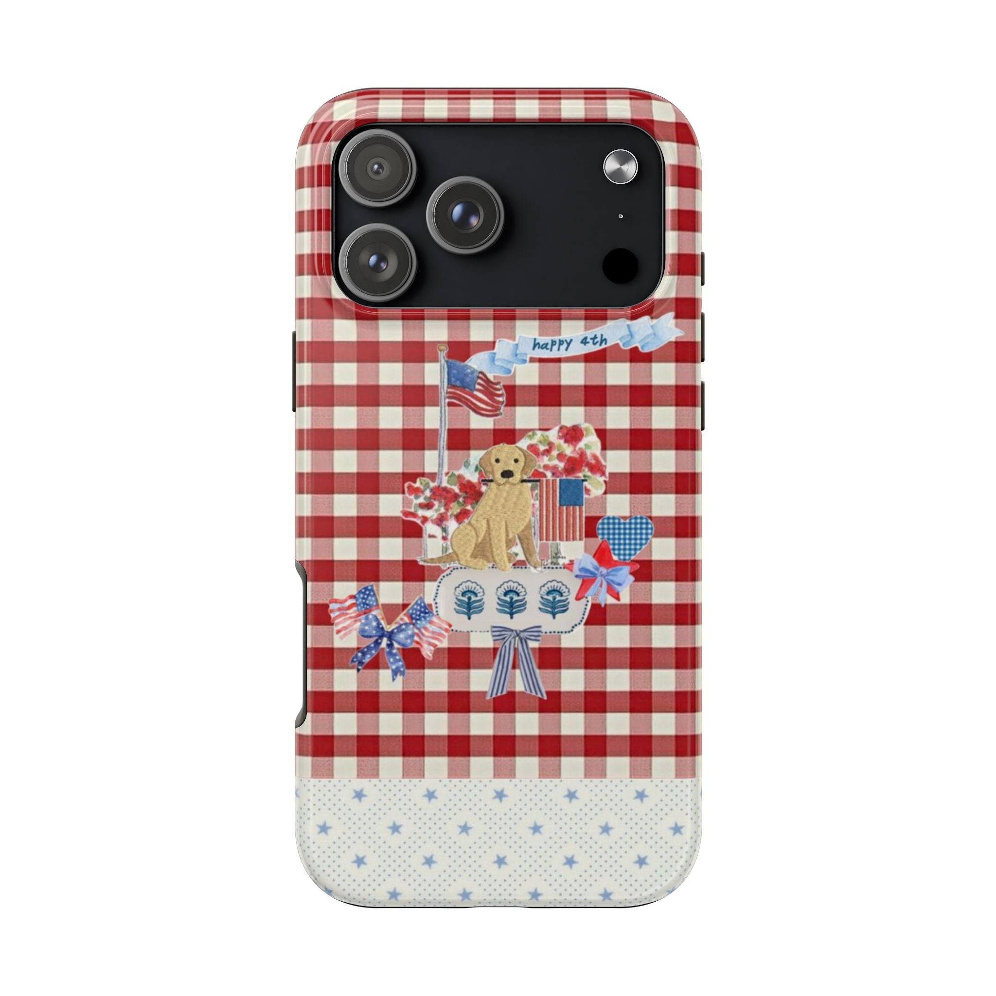 Red gingham phone case with golden retriever, small flags, and blue “Happy 4th” ribbon