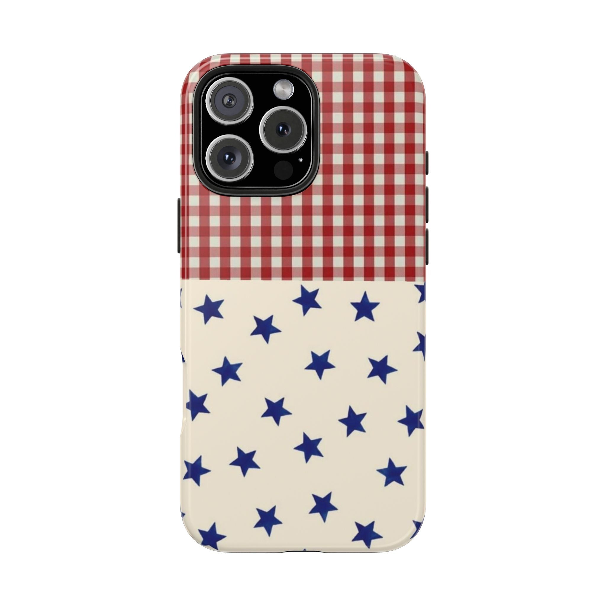 Phone case with red gingham top and blue stars on cream; camera cutouts visible