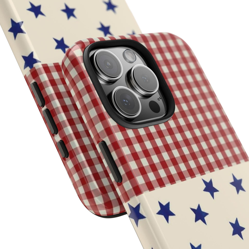 Americana gingham phone case, side view with blue stars and raised camera lenses