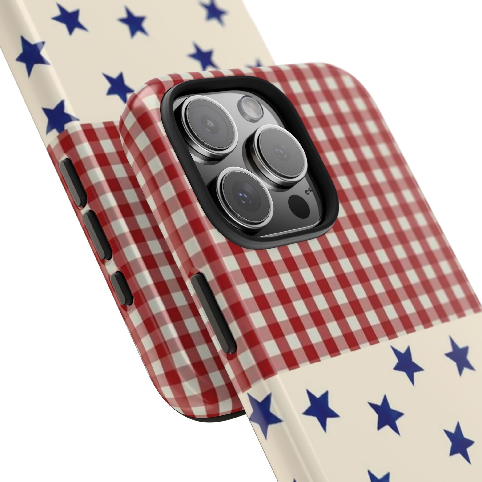 Americana gingham phone case, side view with blue stars and raised camera lenses