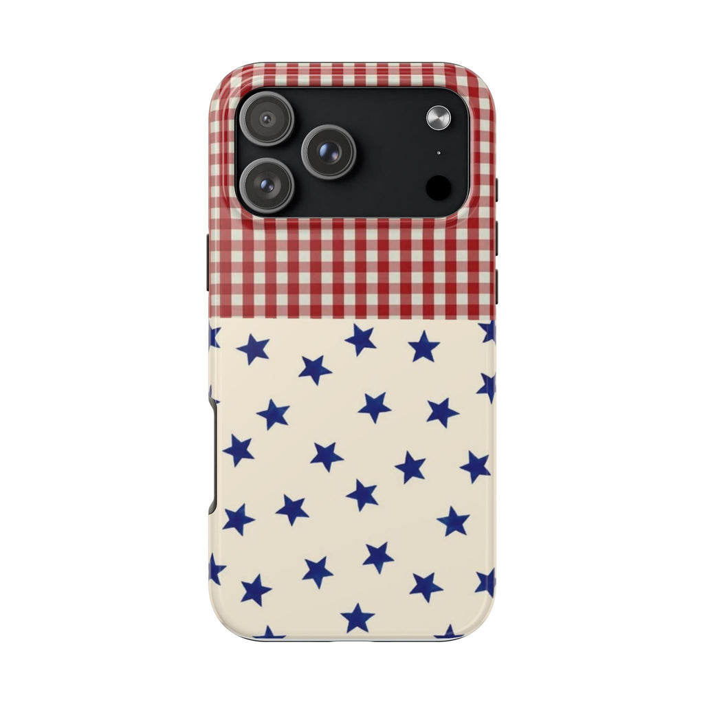 Americana summer stars gingham phone case with red-and-white check and blue star pattern