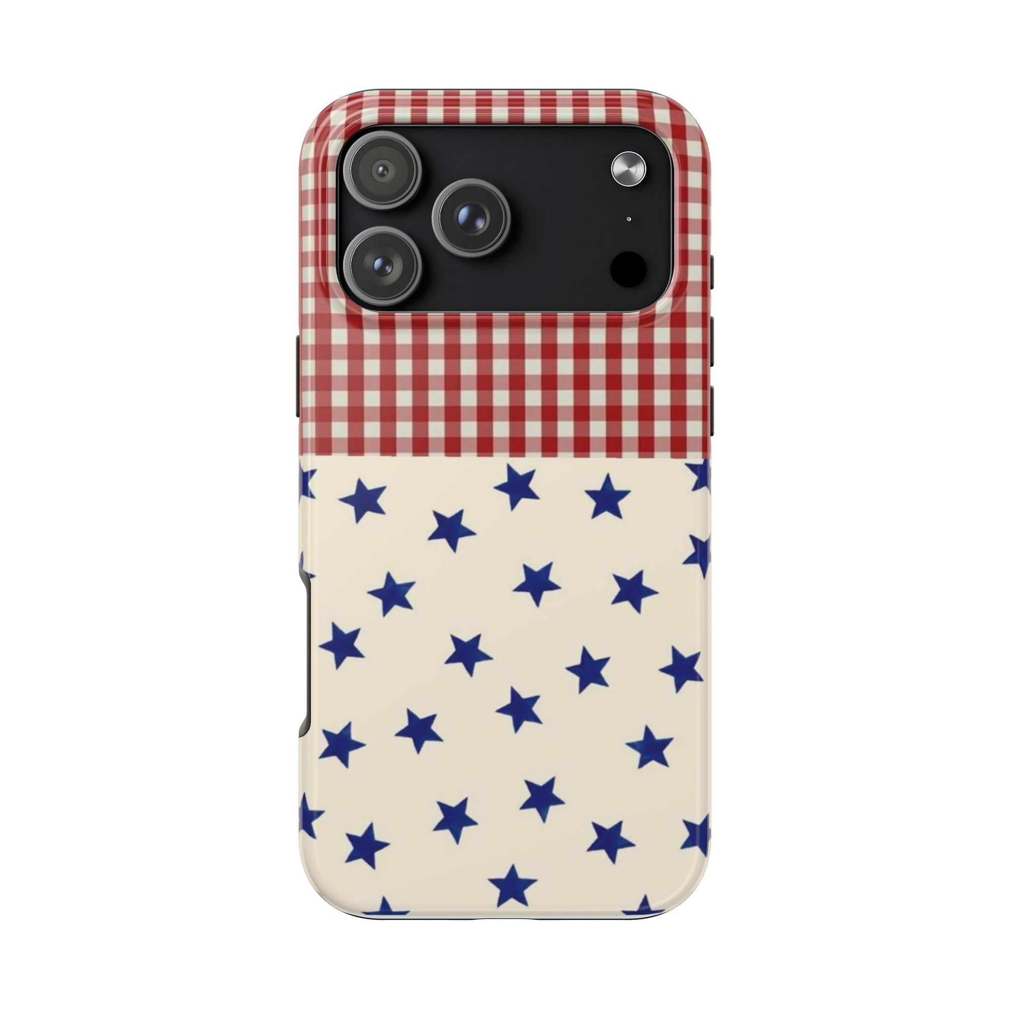 Americana summer stars gingham phone case with red-and-white check and blue star pattern
