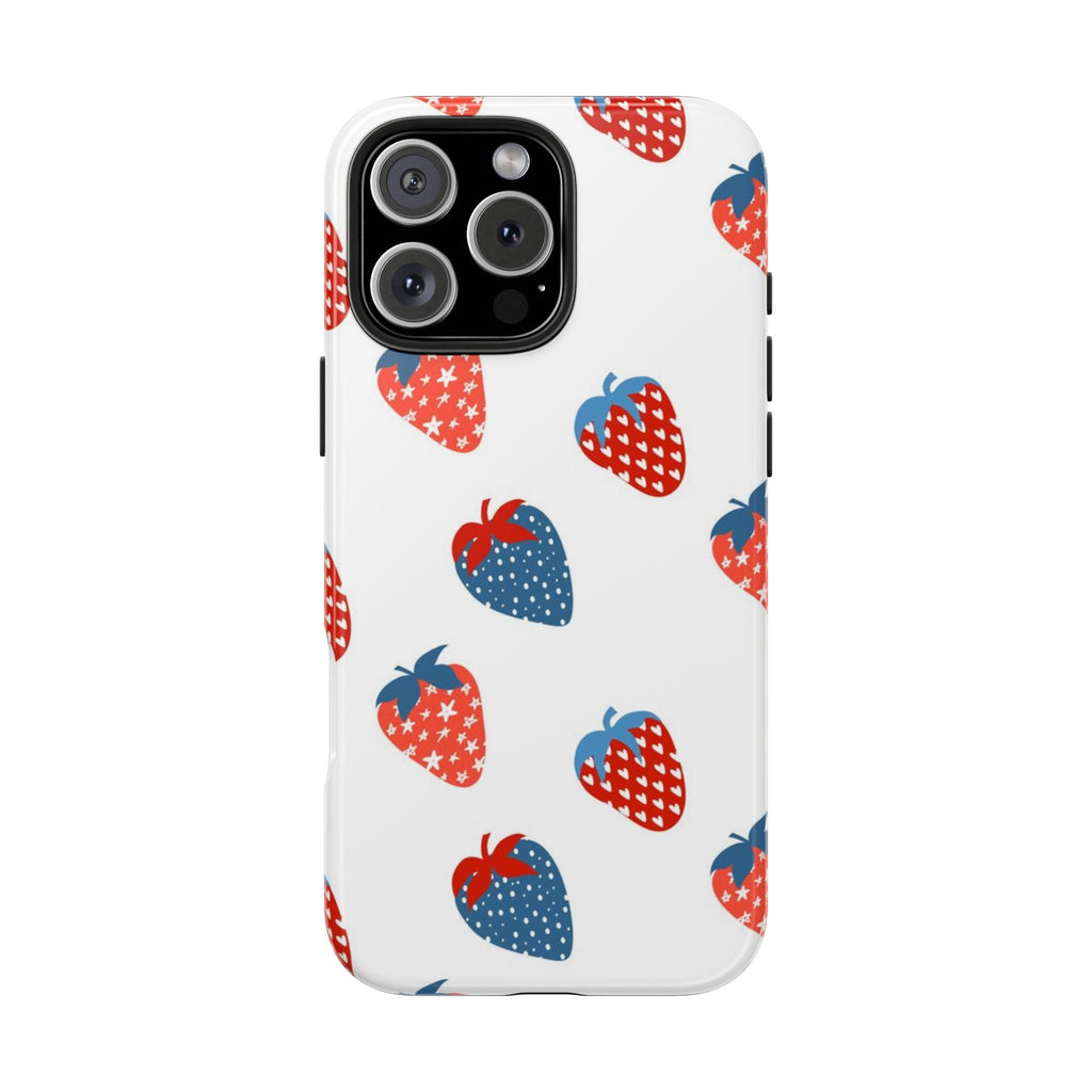 White phone case with red/blue strawberry pattern, triple-camera cutout