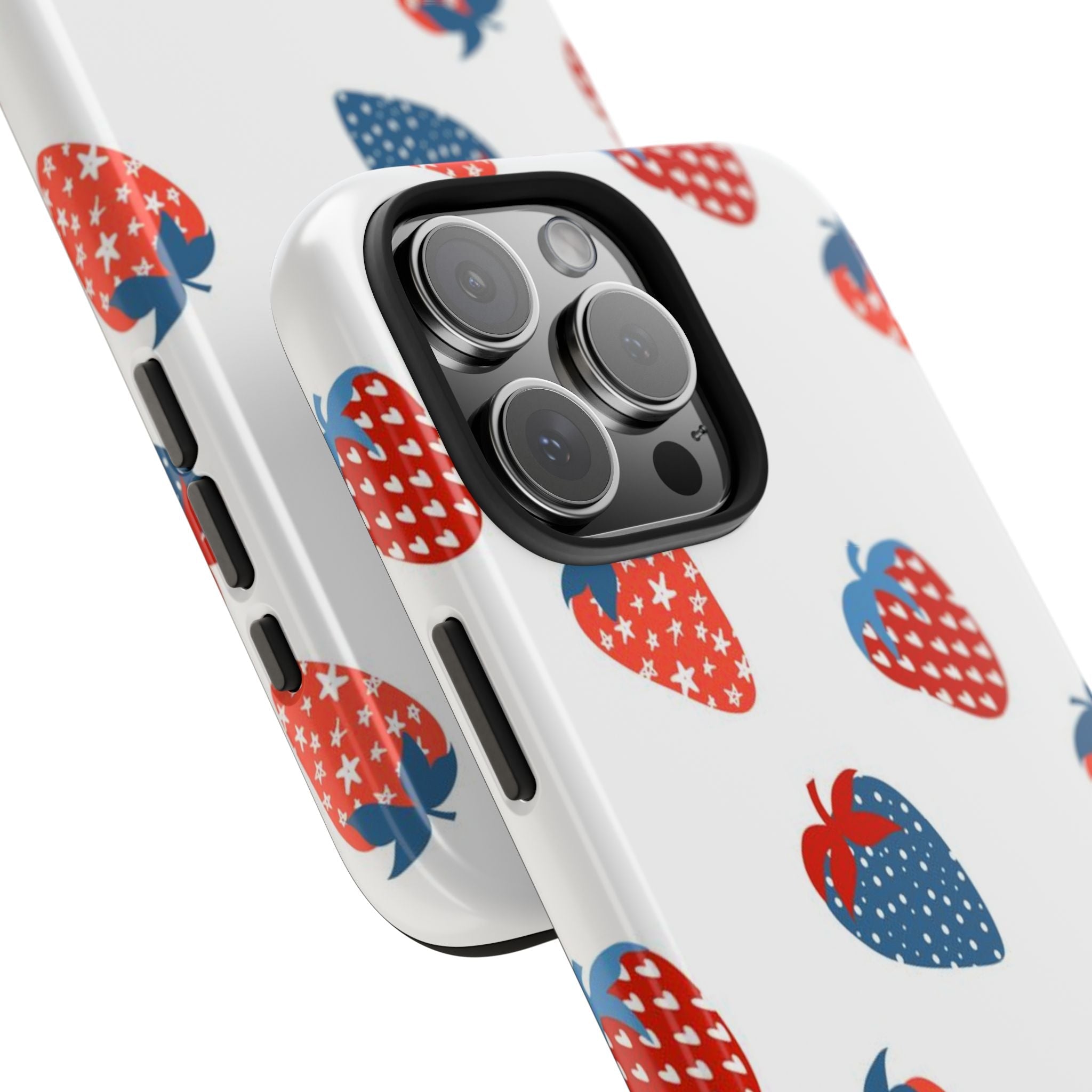 Angled view: white case with red and blue strawberries, side button cutouts