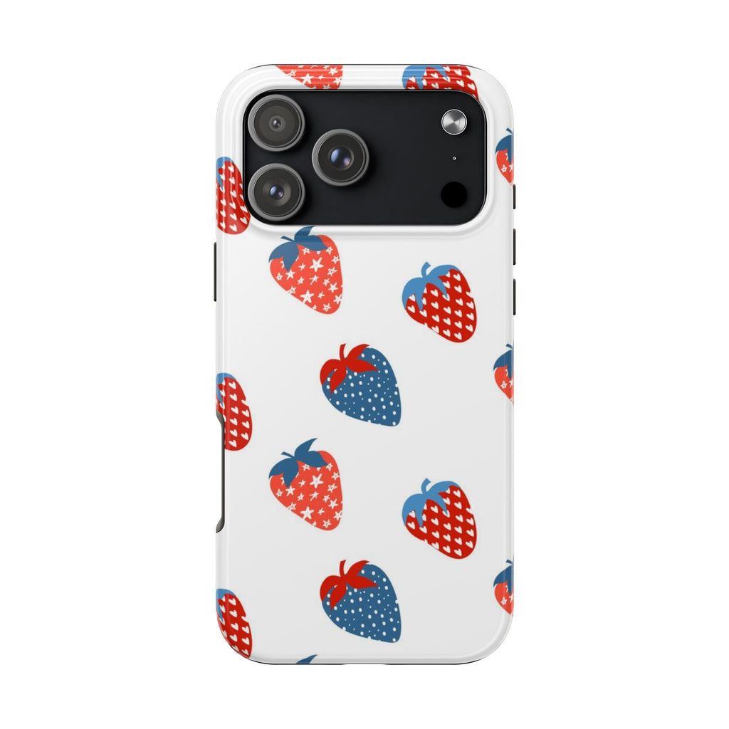 Back view: white phone case with scattered red and blue strawberries