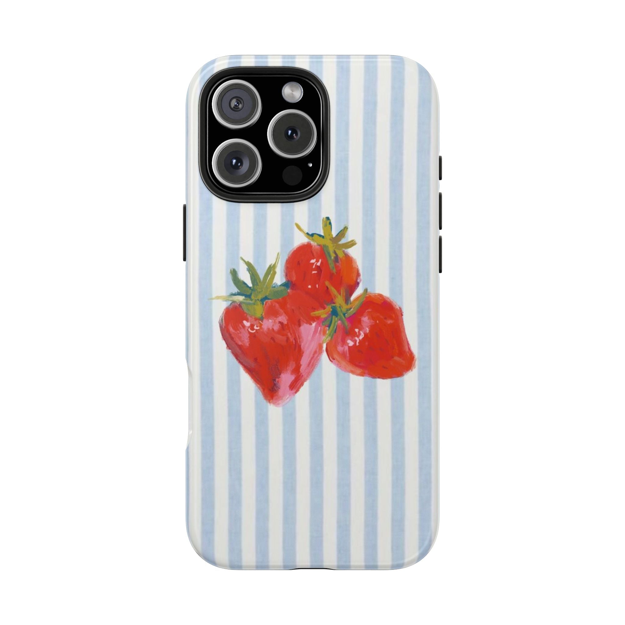 Phone case with blue-and-white vertical stripes and red strawberry illustration