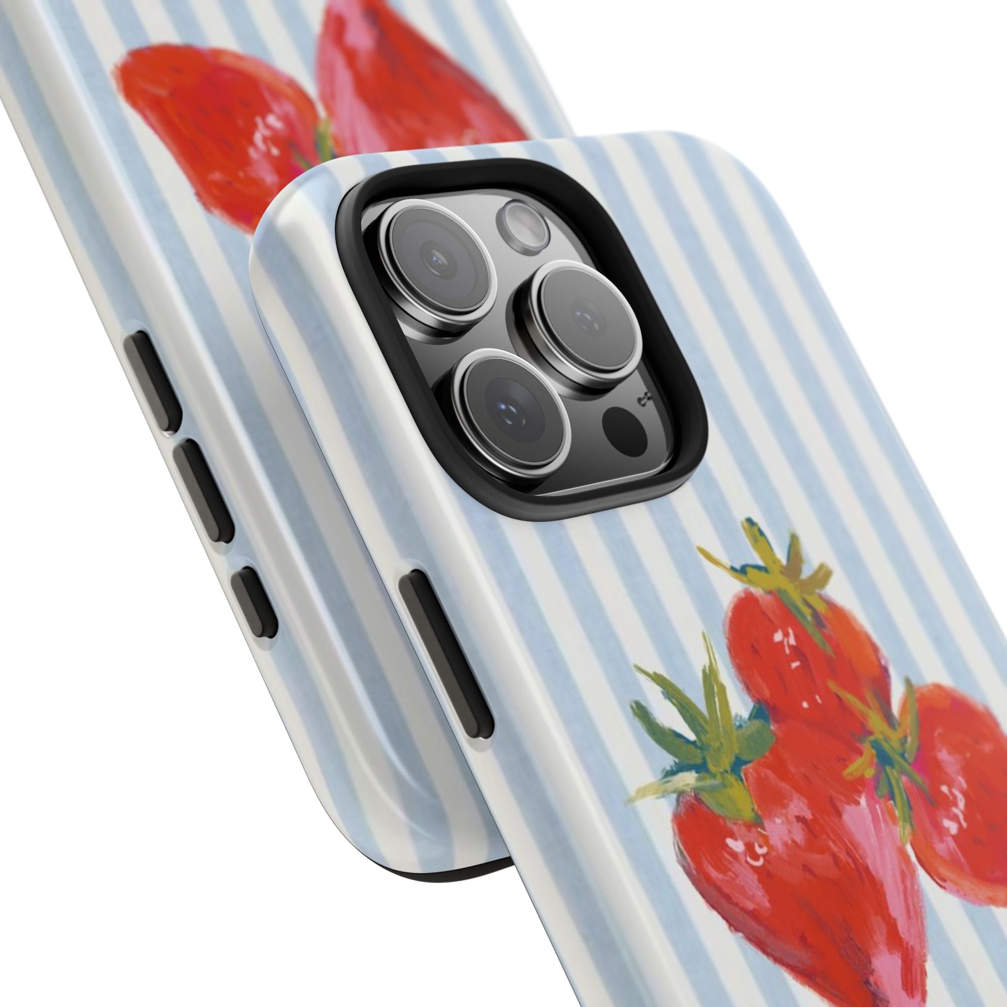 Blue-striped phone case with red strawberries; raised camera cutout visible