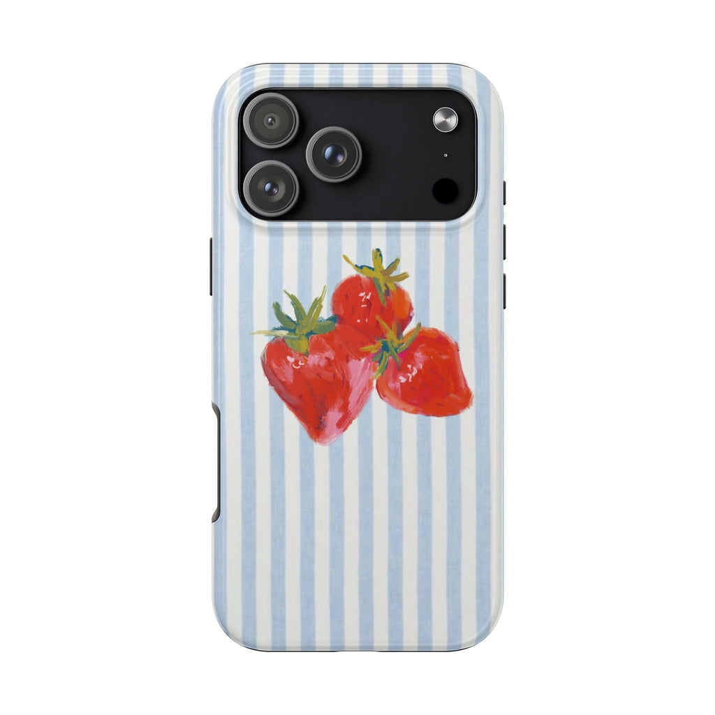 Phone case back with blue vertical stripes and red strawberries with green leaves