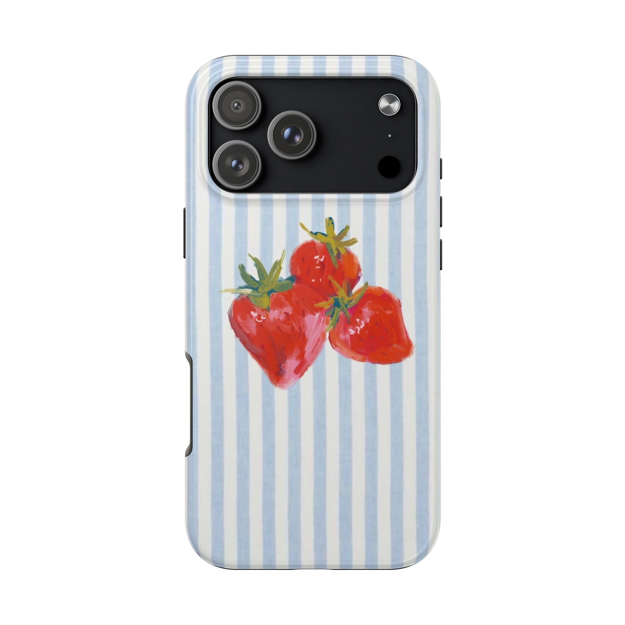 Phone case back with blue vertical stripes and red strawberries with green leaves