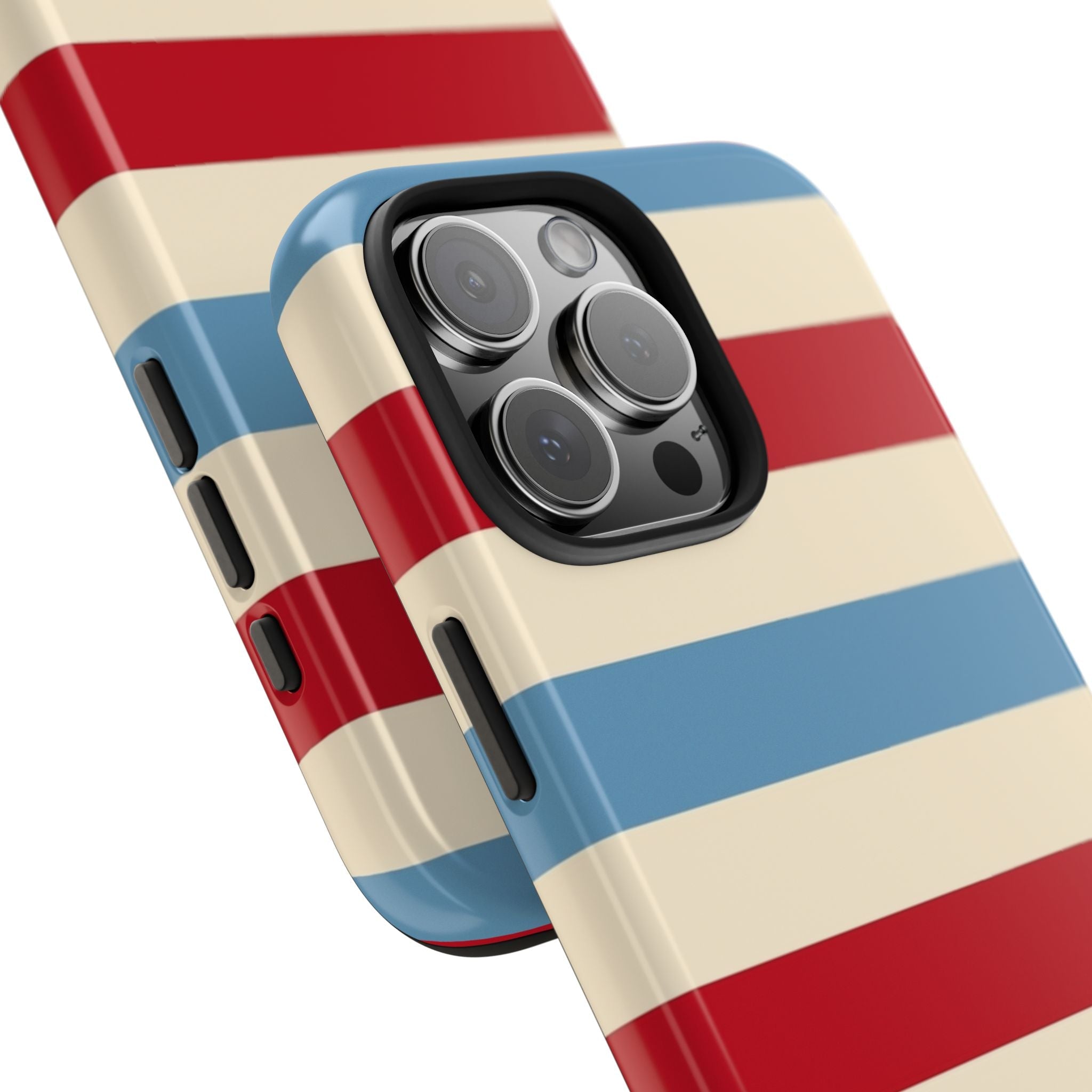 Americana summer stripes phone case, side view with red, white and blue stripes