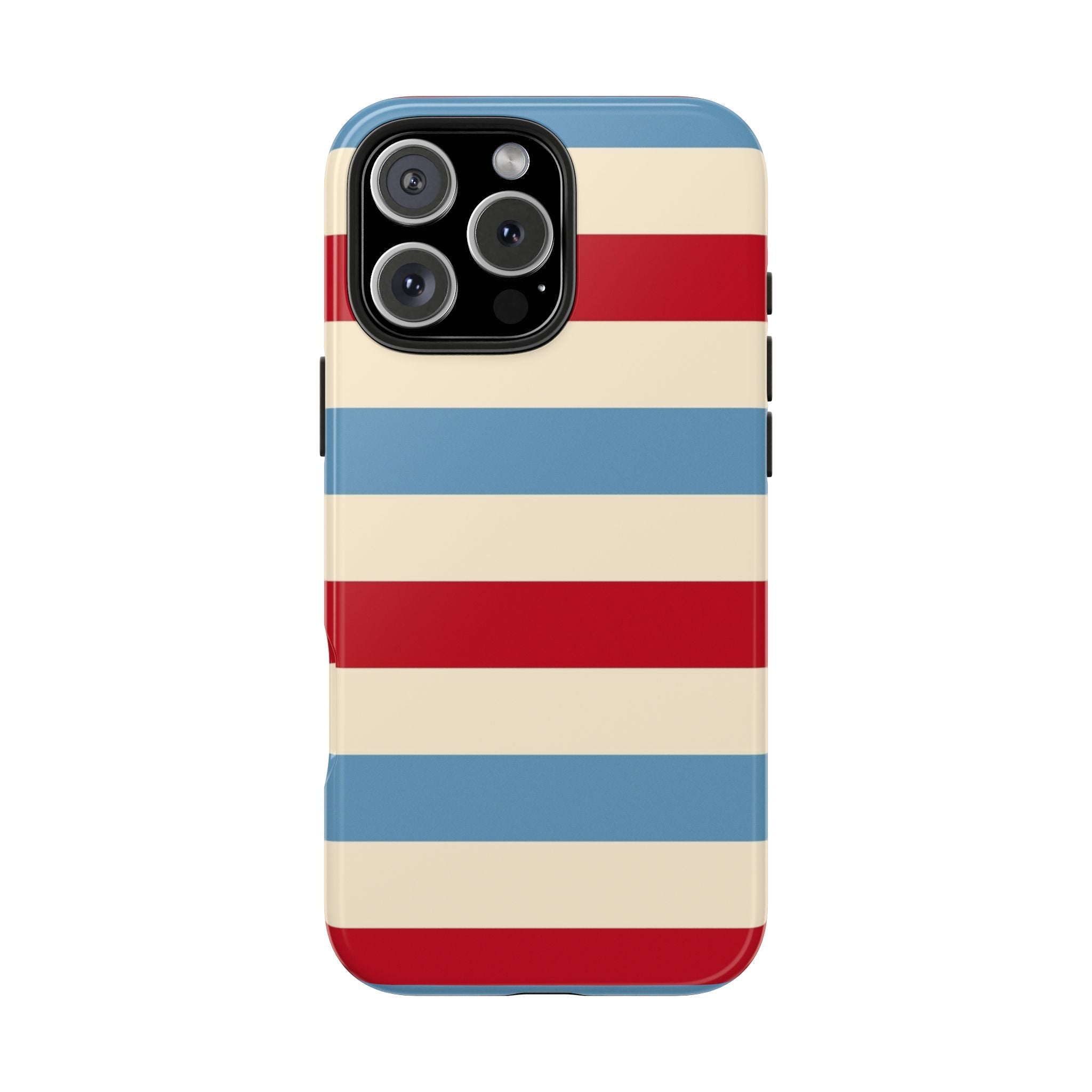 Americana summer stripes phone case, horizontal red and blue stripes over cream