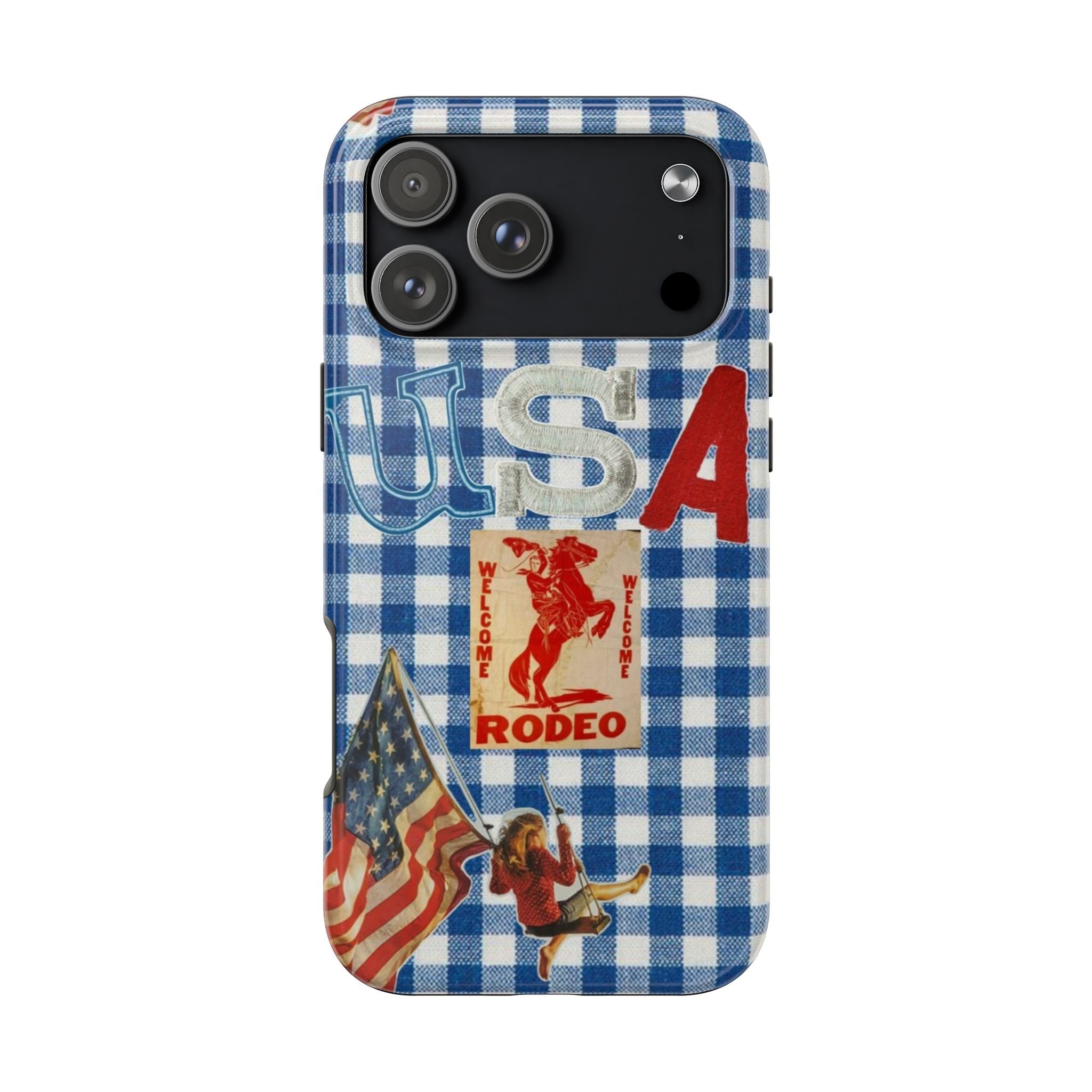 Rodeo design phone case in blue and white buffalo plaid with “RODEO” center graphic